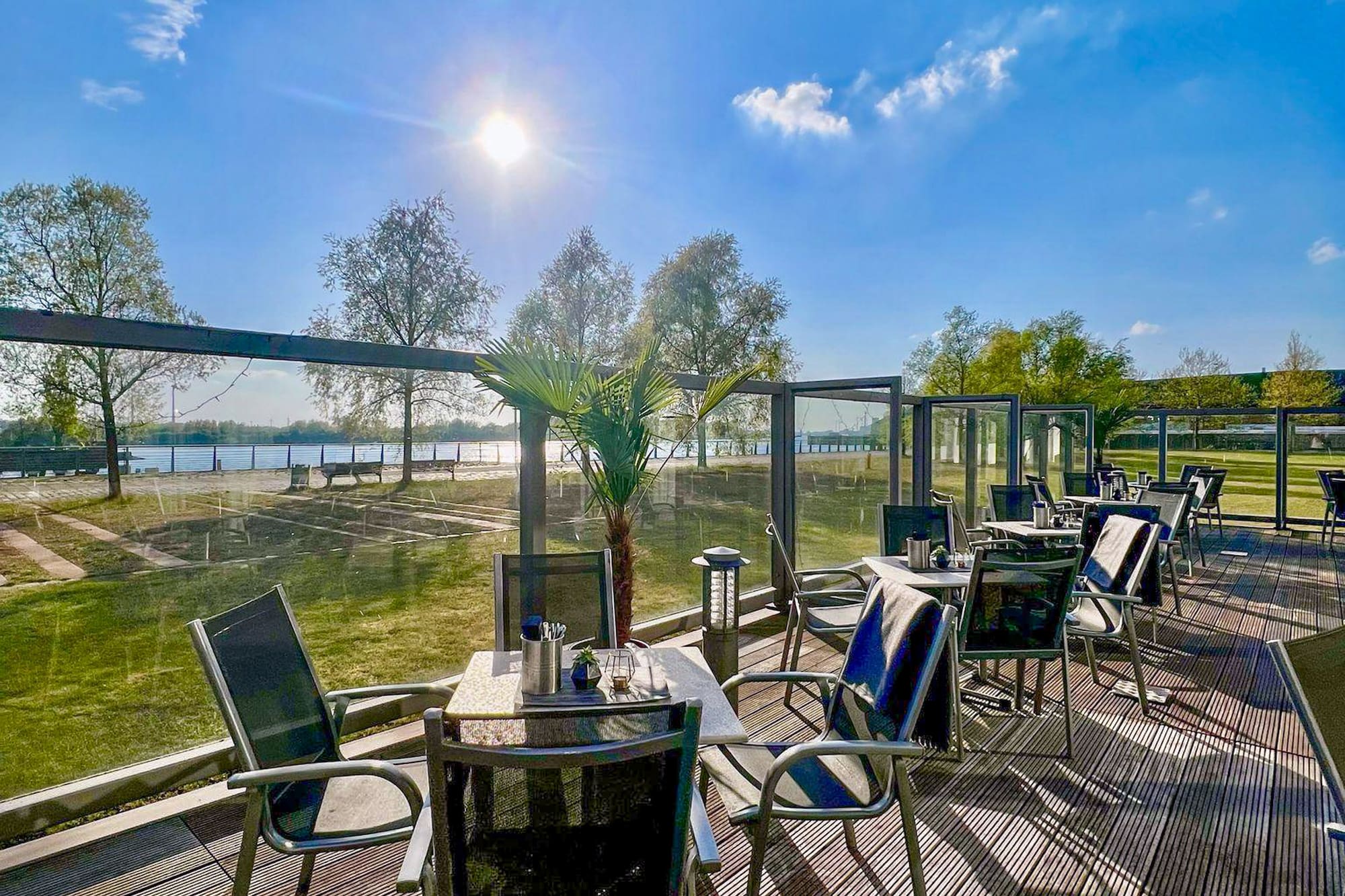a table and chairs on a deck