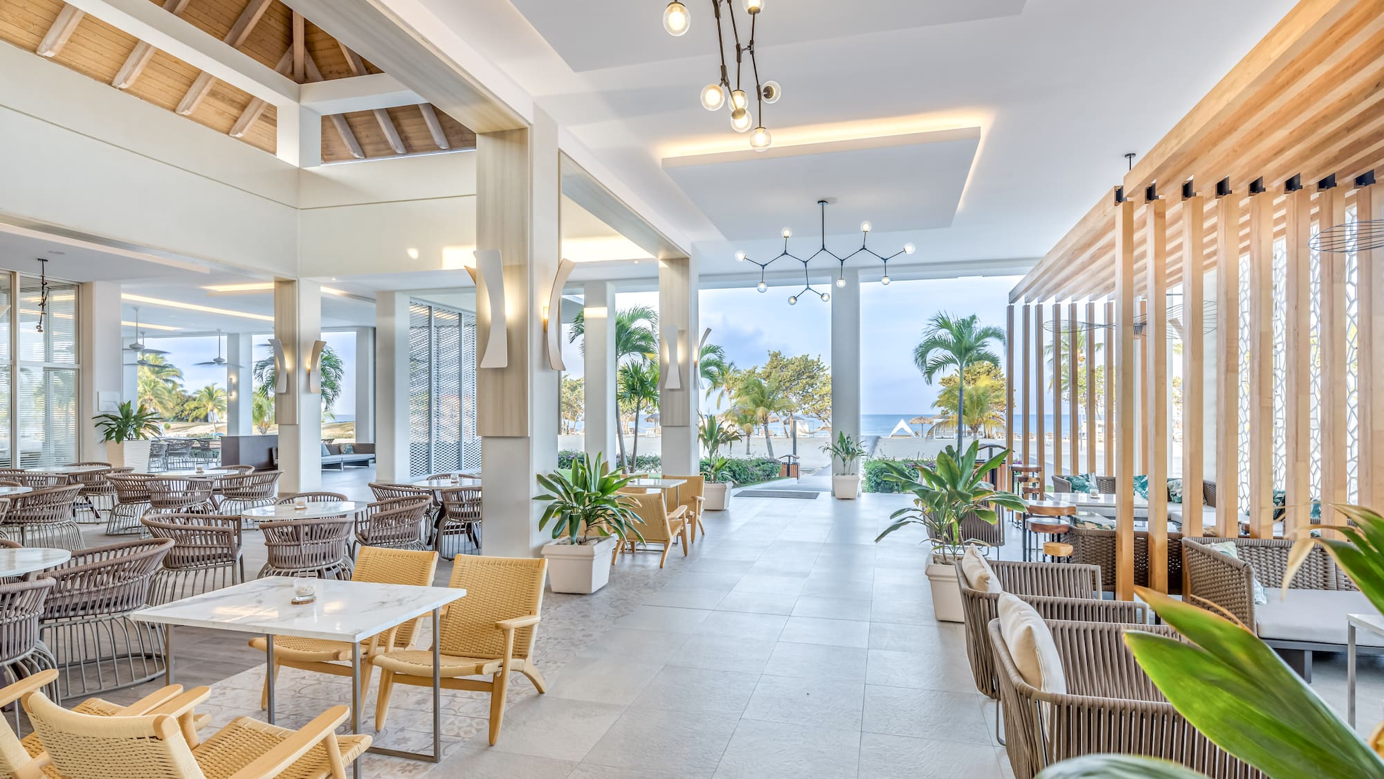 a room with tables and chairs and plants