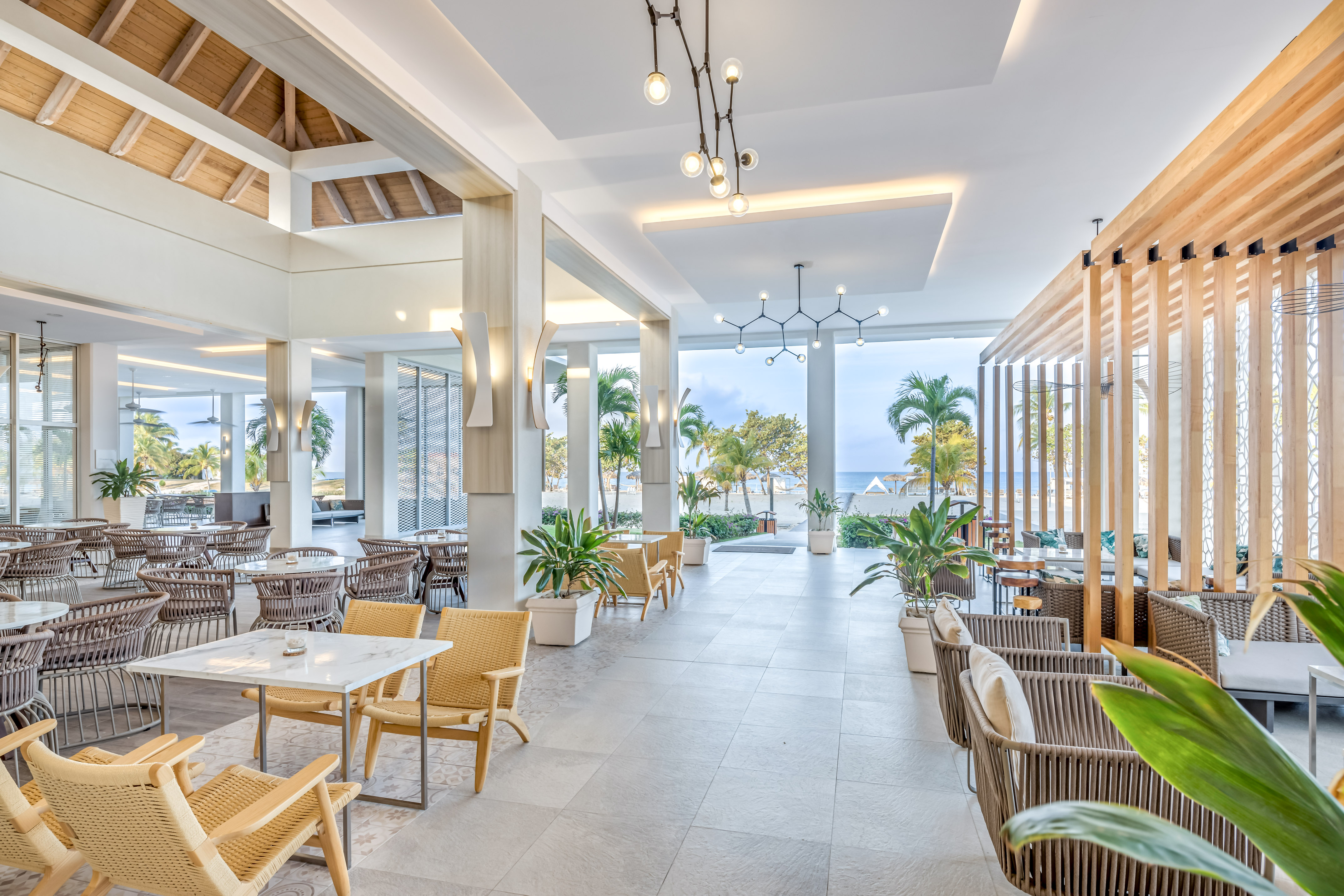 a room with tables and chairs and plants