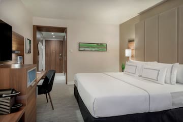 a room with a bed and a desk