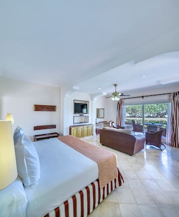 a room with a bed and a television