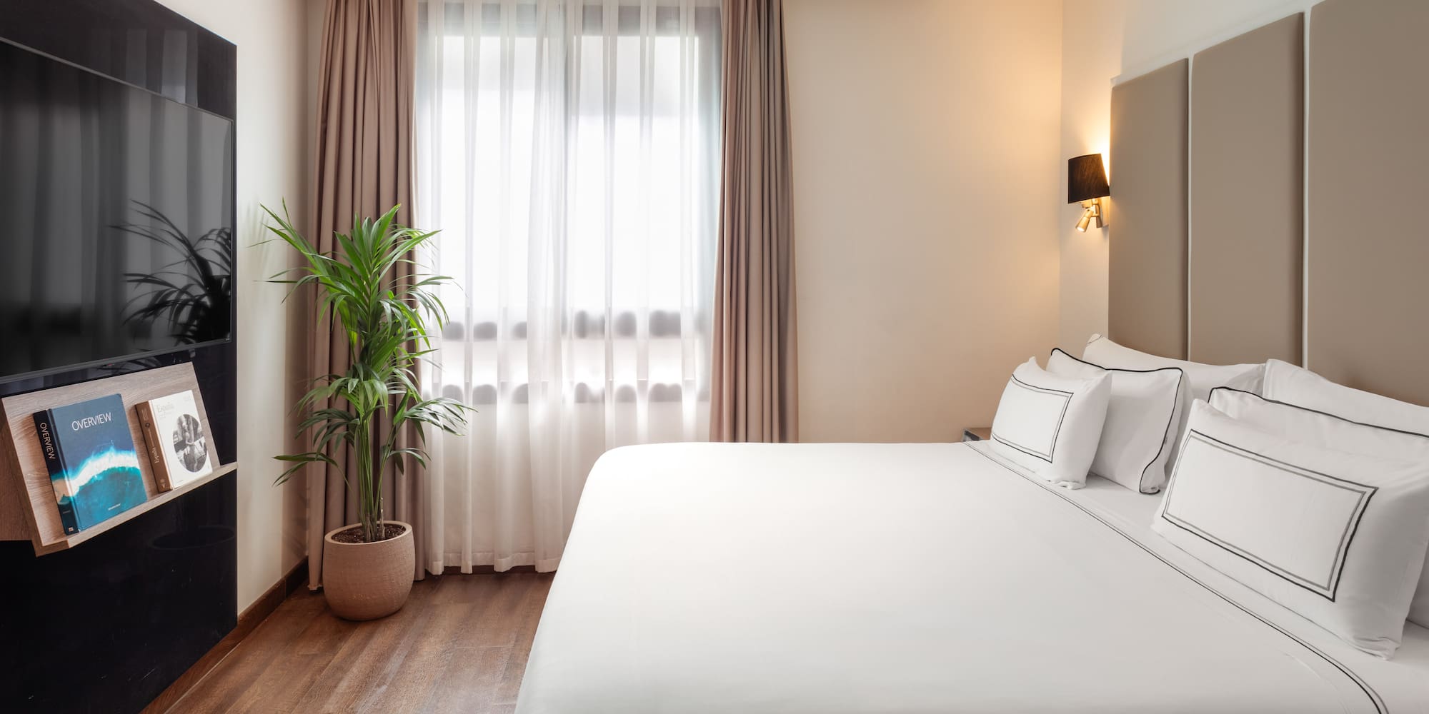 Modern hotel bedroom with white bed, large window, TV, and potted plant.