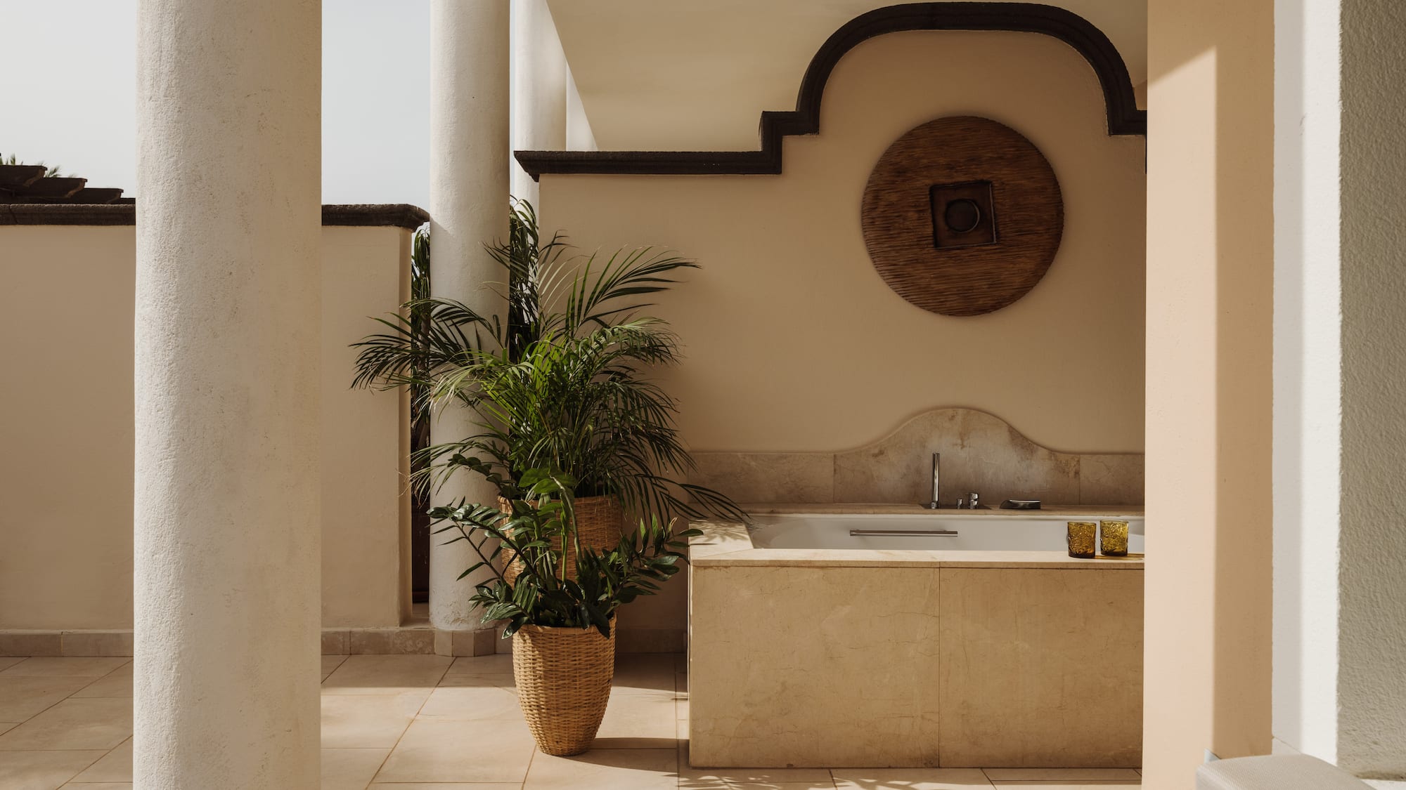 a bathtub and potted plant in a room