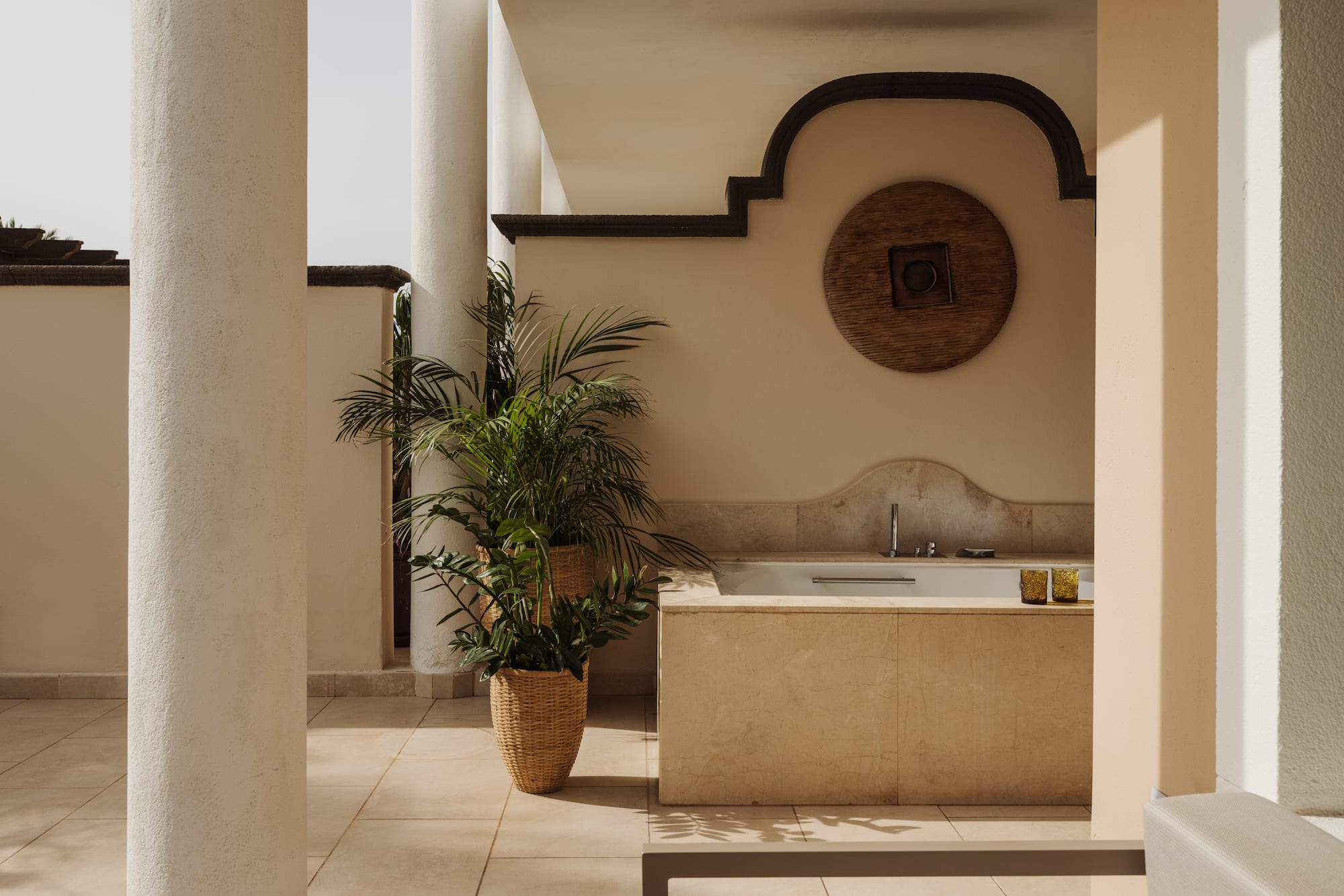 a bathtub and potted plant in a room