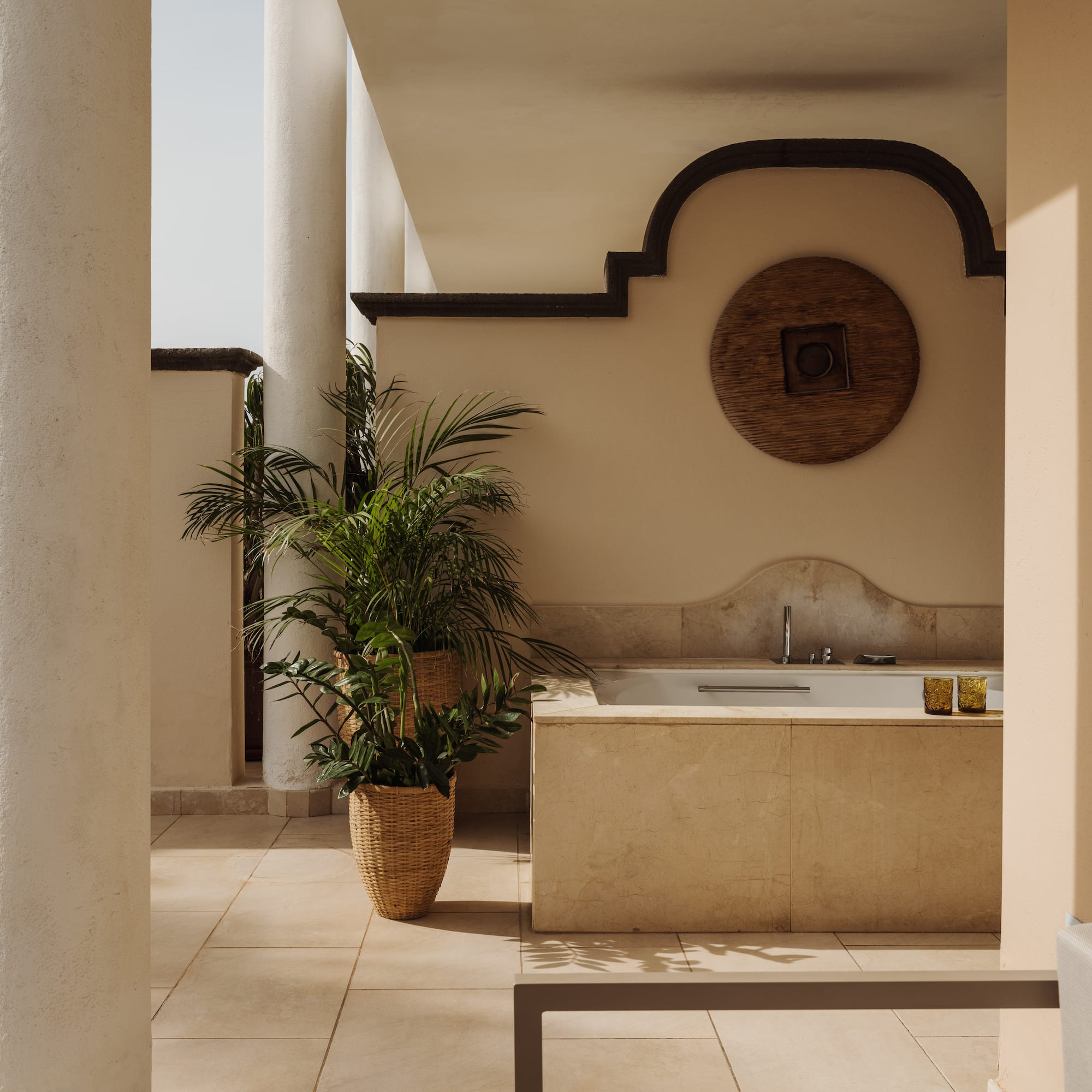 a bathtub and potted plant in a room