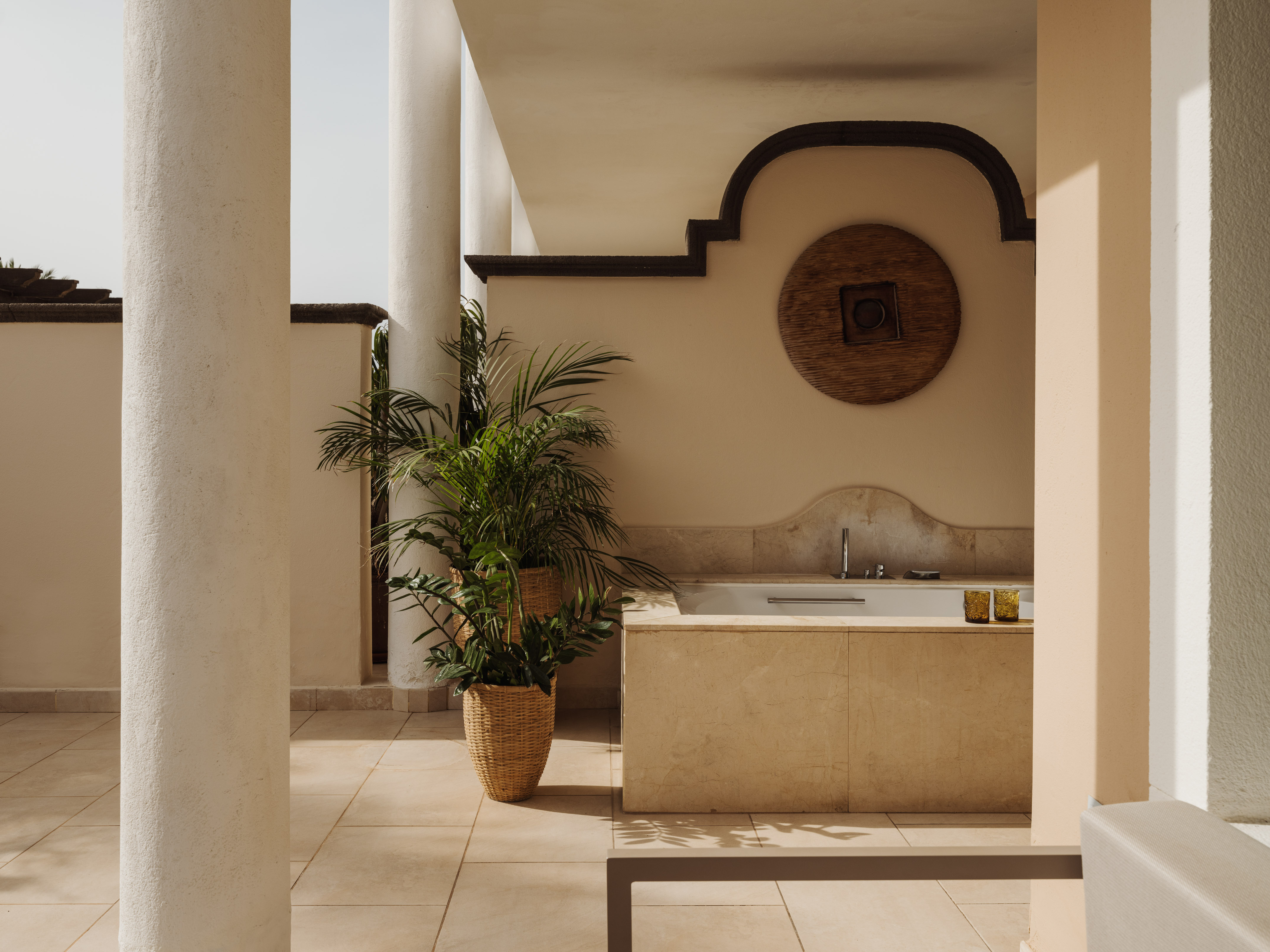 a bathtub and potted plant in a room