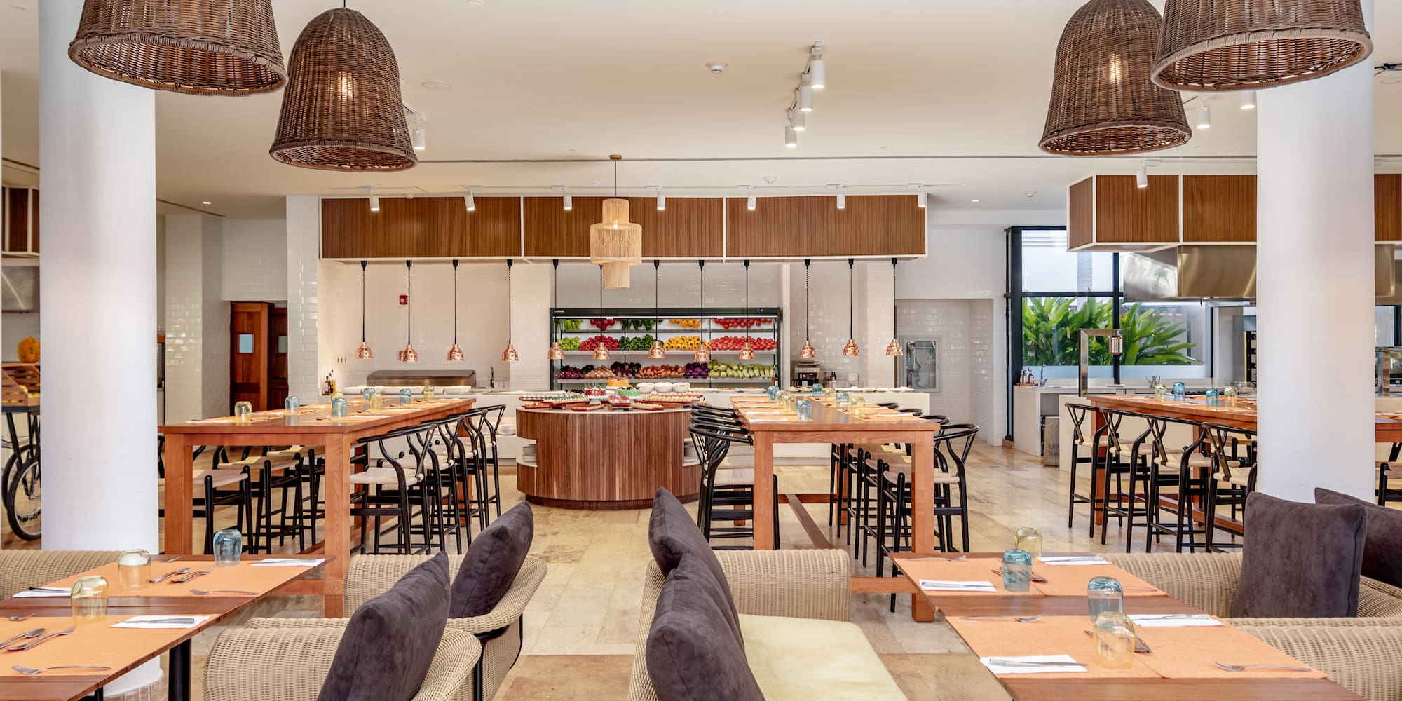 a room with tables and chairs