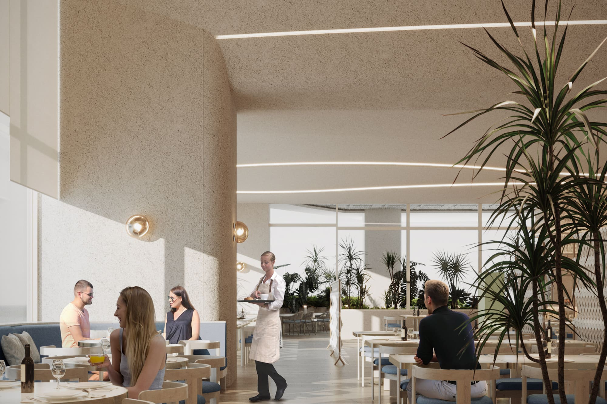 Bright modern restaurant with patrons, waitress, light wood, and green plants.