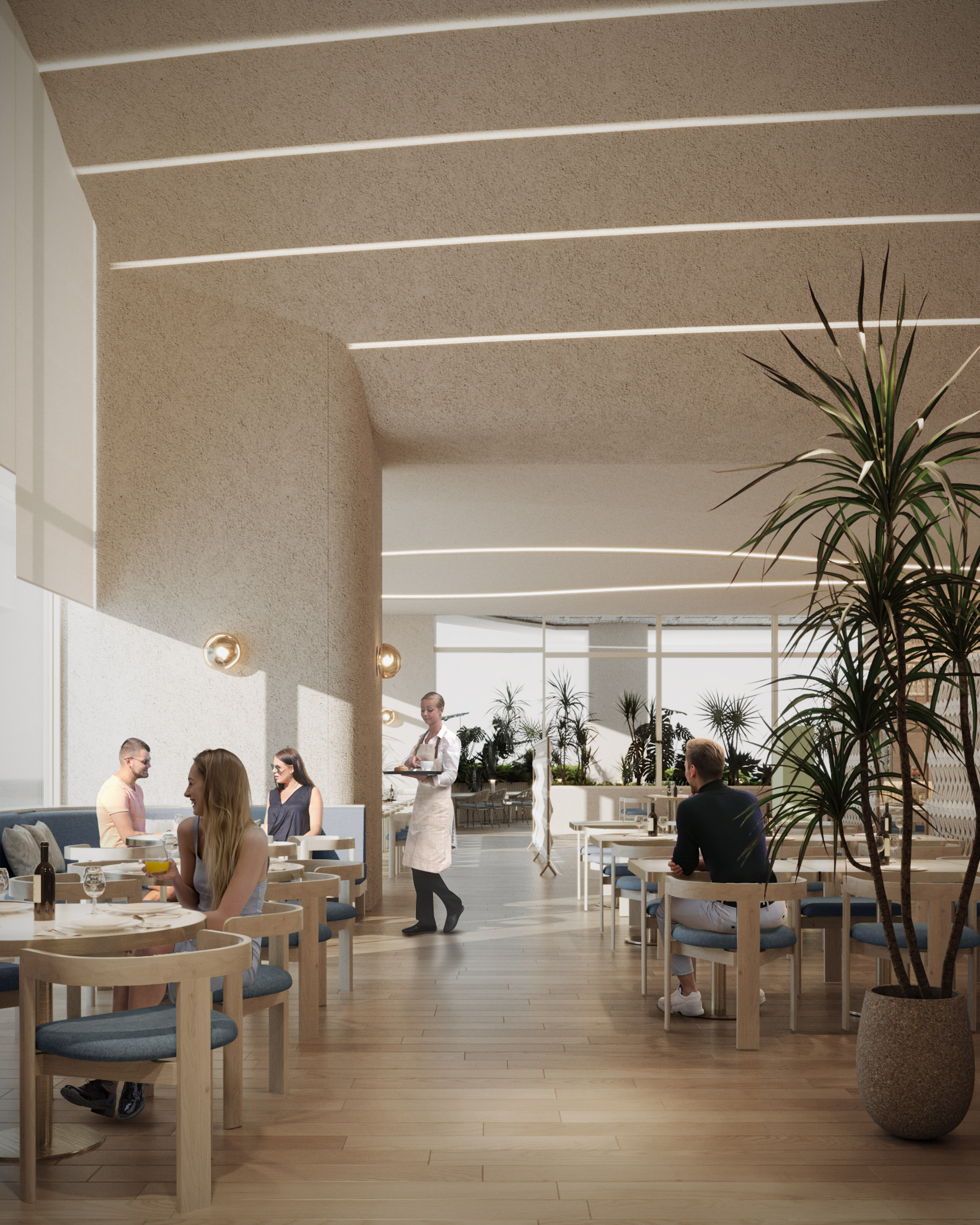 Bright modern restaurant with patrons, waitress, light wood, and green plants.