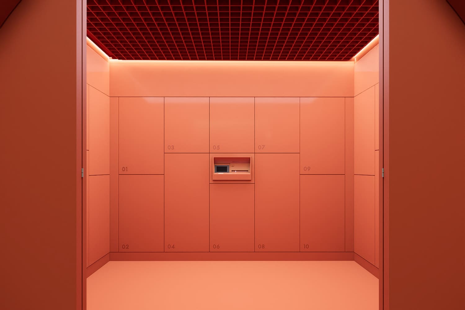 a room with red cabinets