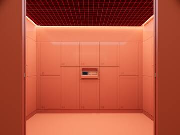 a room with red cabinets