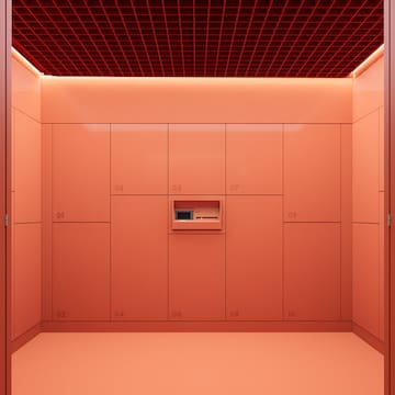 a room with red cabinets
