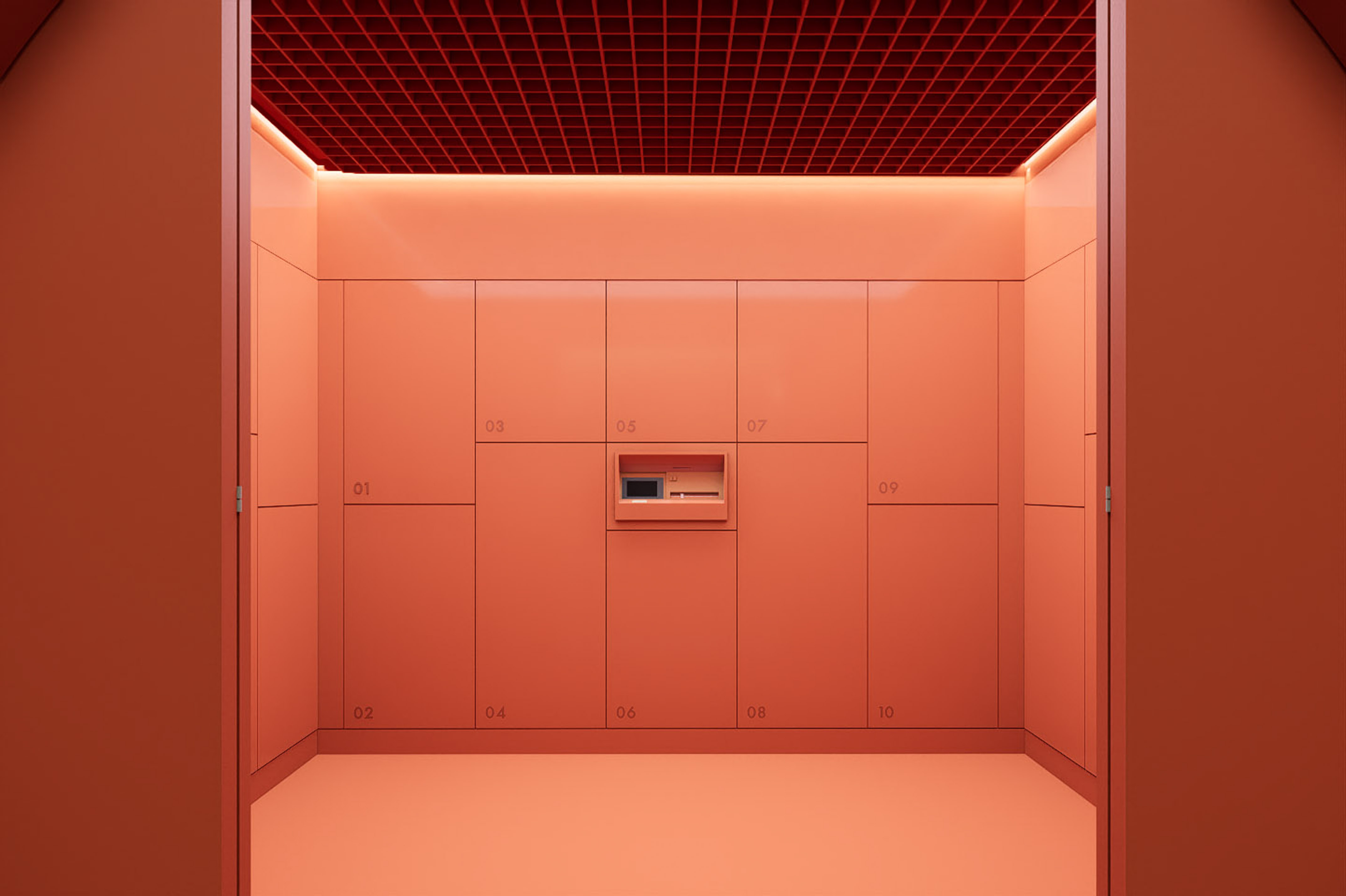 a room with red cabinets