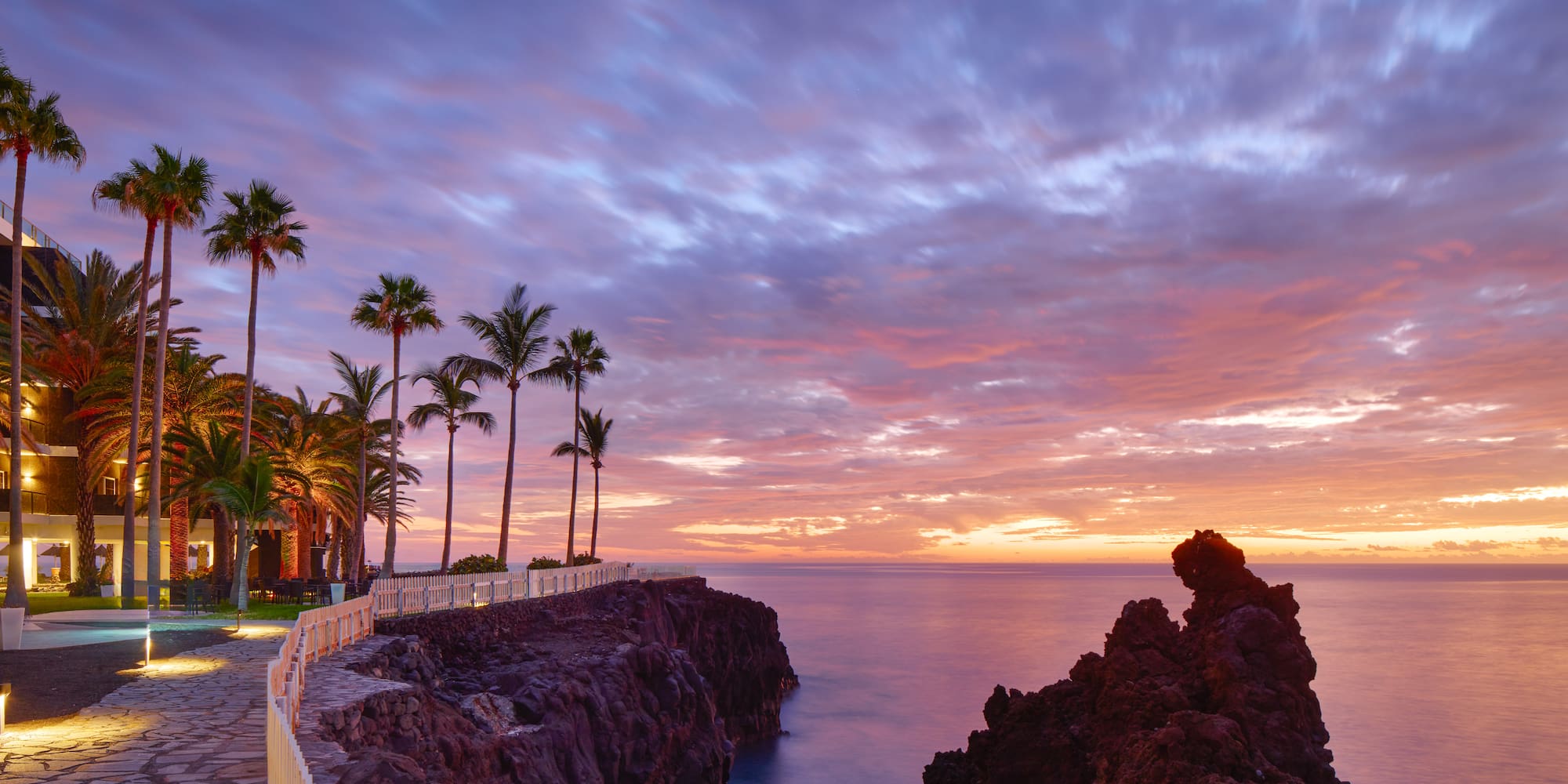 a body of water with a fence and palm trees