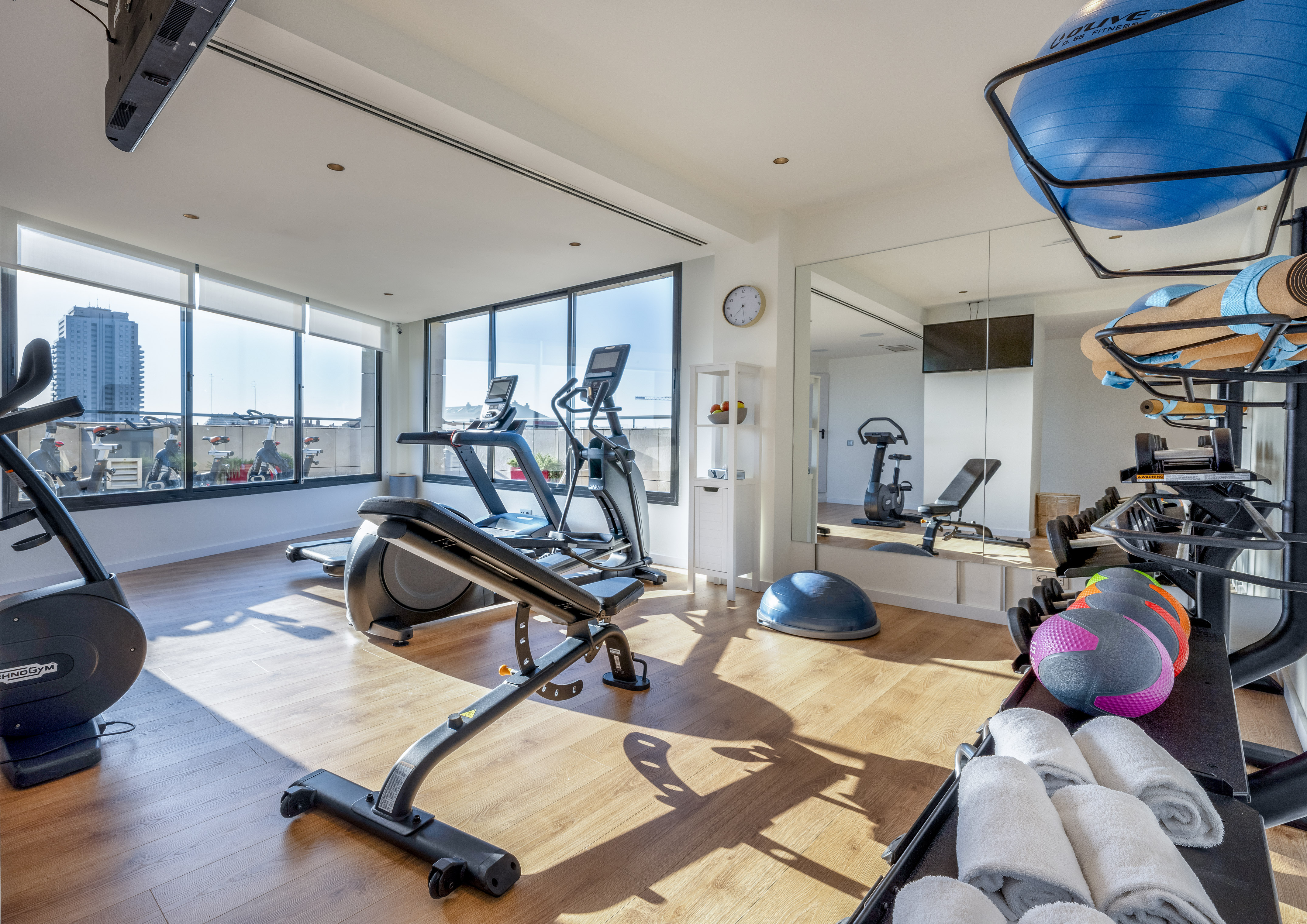 Spacious, modern gym with fitness equipment, city views, and natural light.