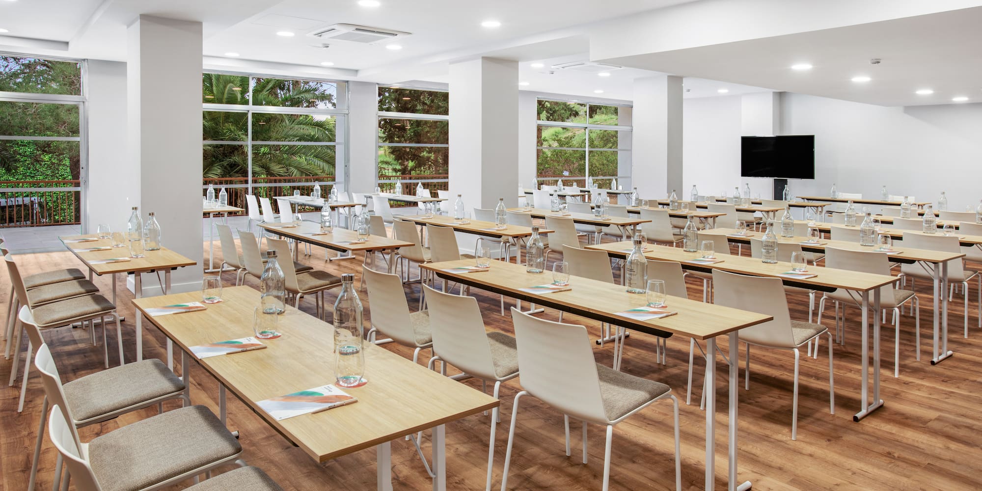 a room with tables and chairs