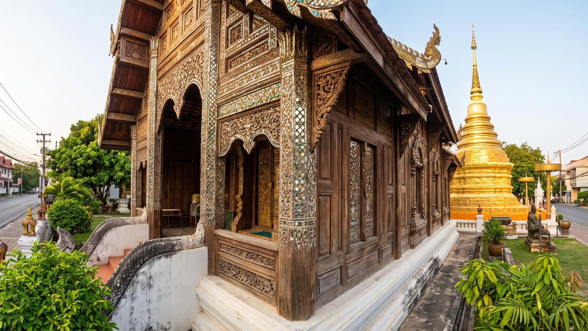 Ornate wooden Thai temple with intricate carvings and golden stupa.