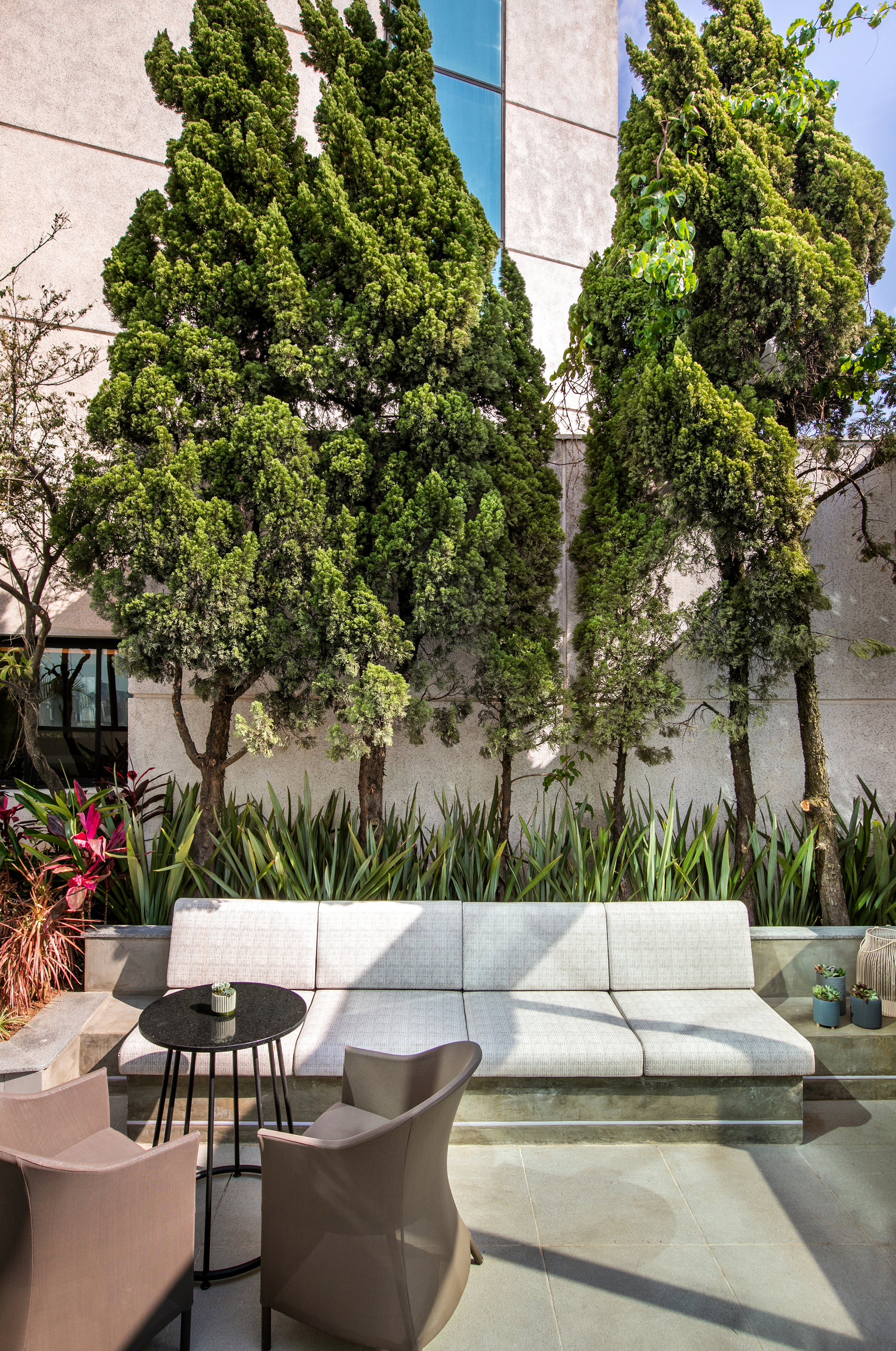 Modern outdoor lounge with grey sofa, chairs, table, and tall green trees.