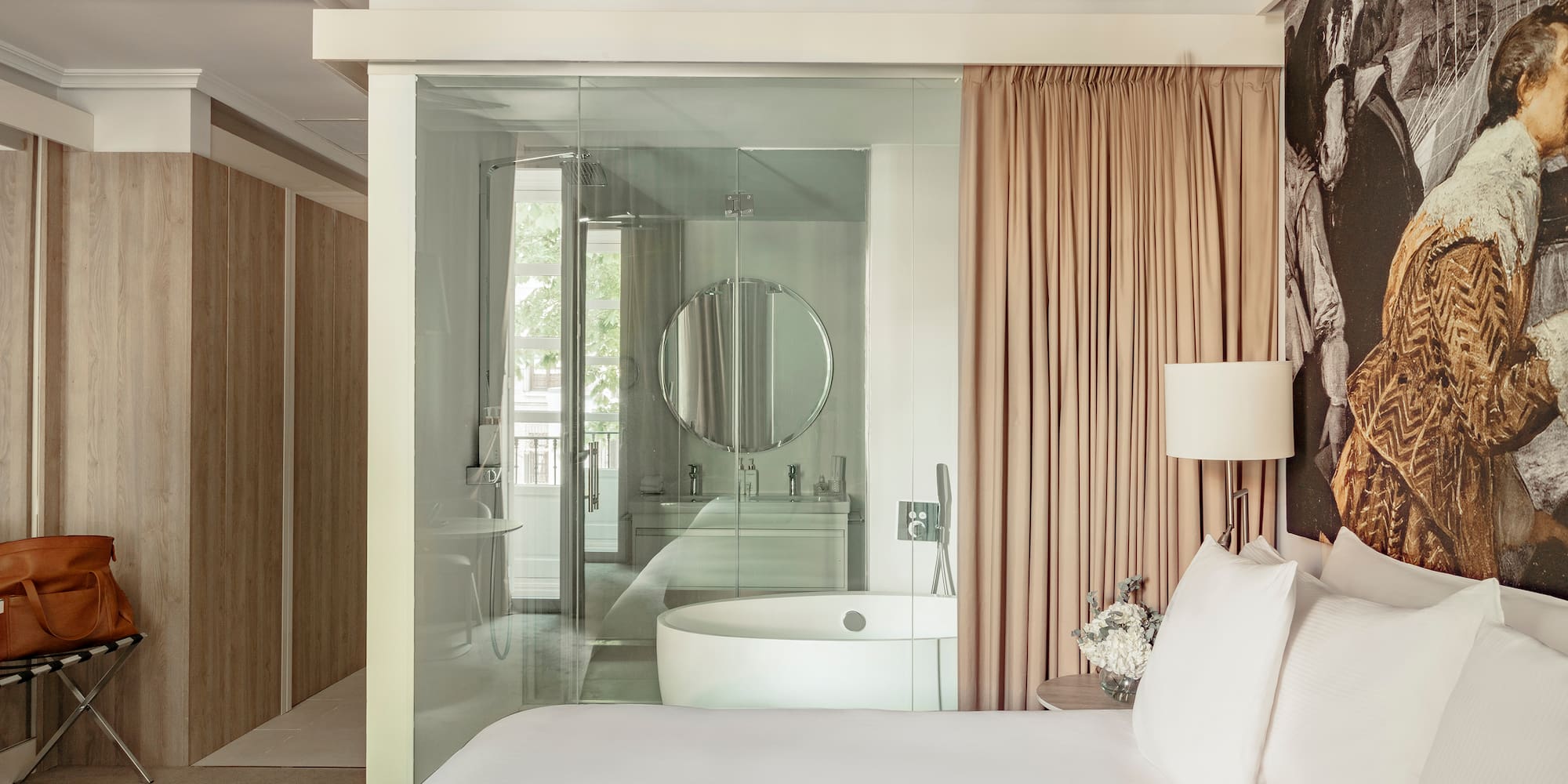 a bed with a tub and a shower