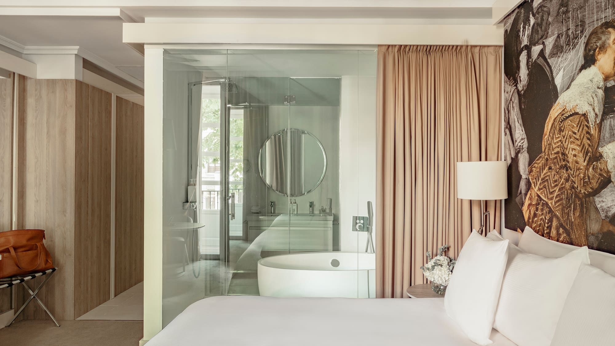 a bed with a tub and a shower