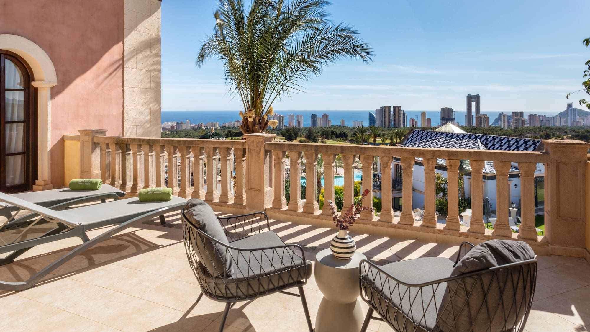 a patio with chairs and a palm tree