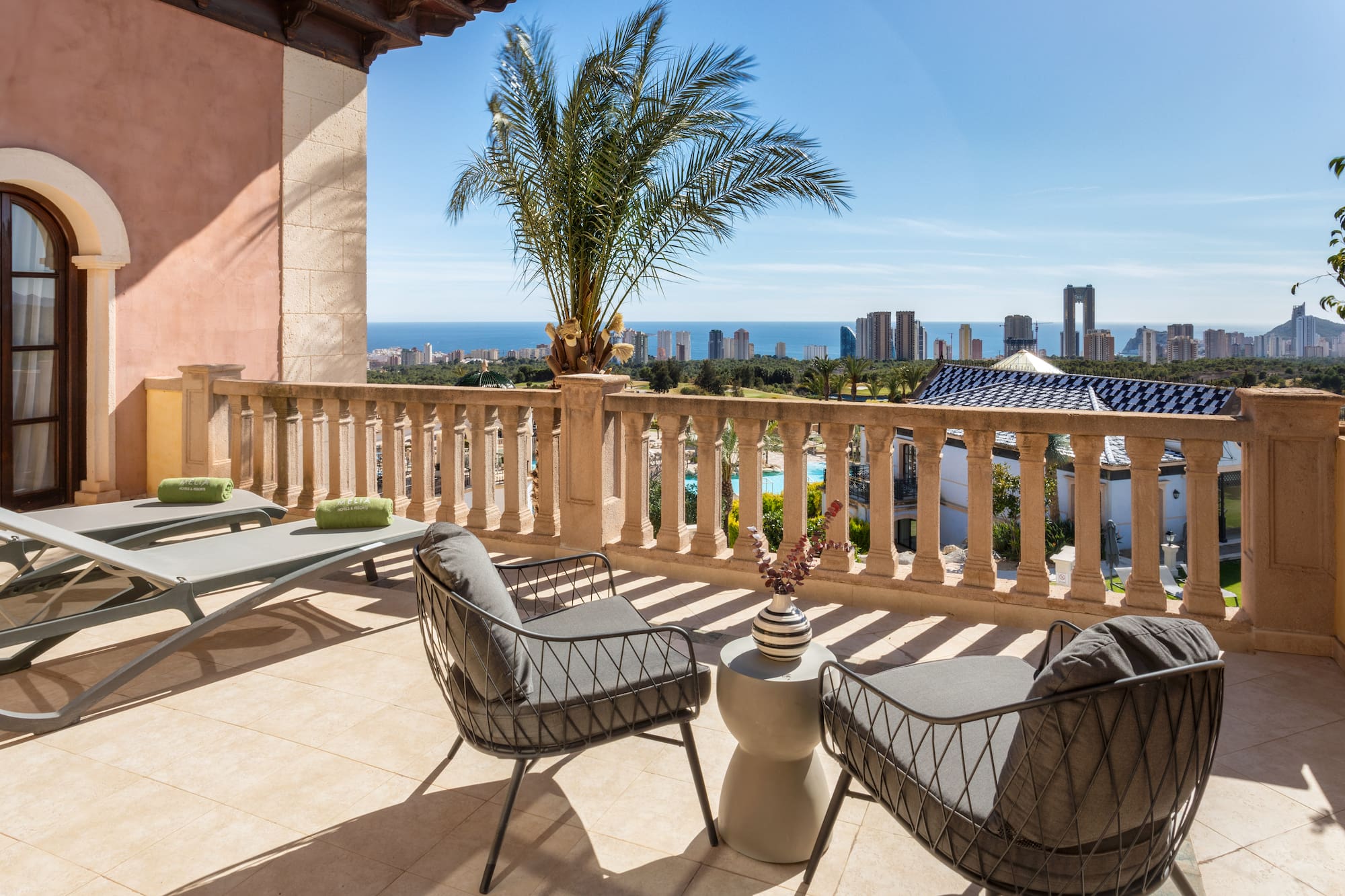 a patio with chairs and a palm tree