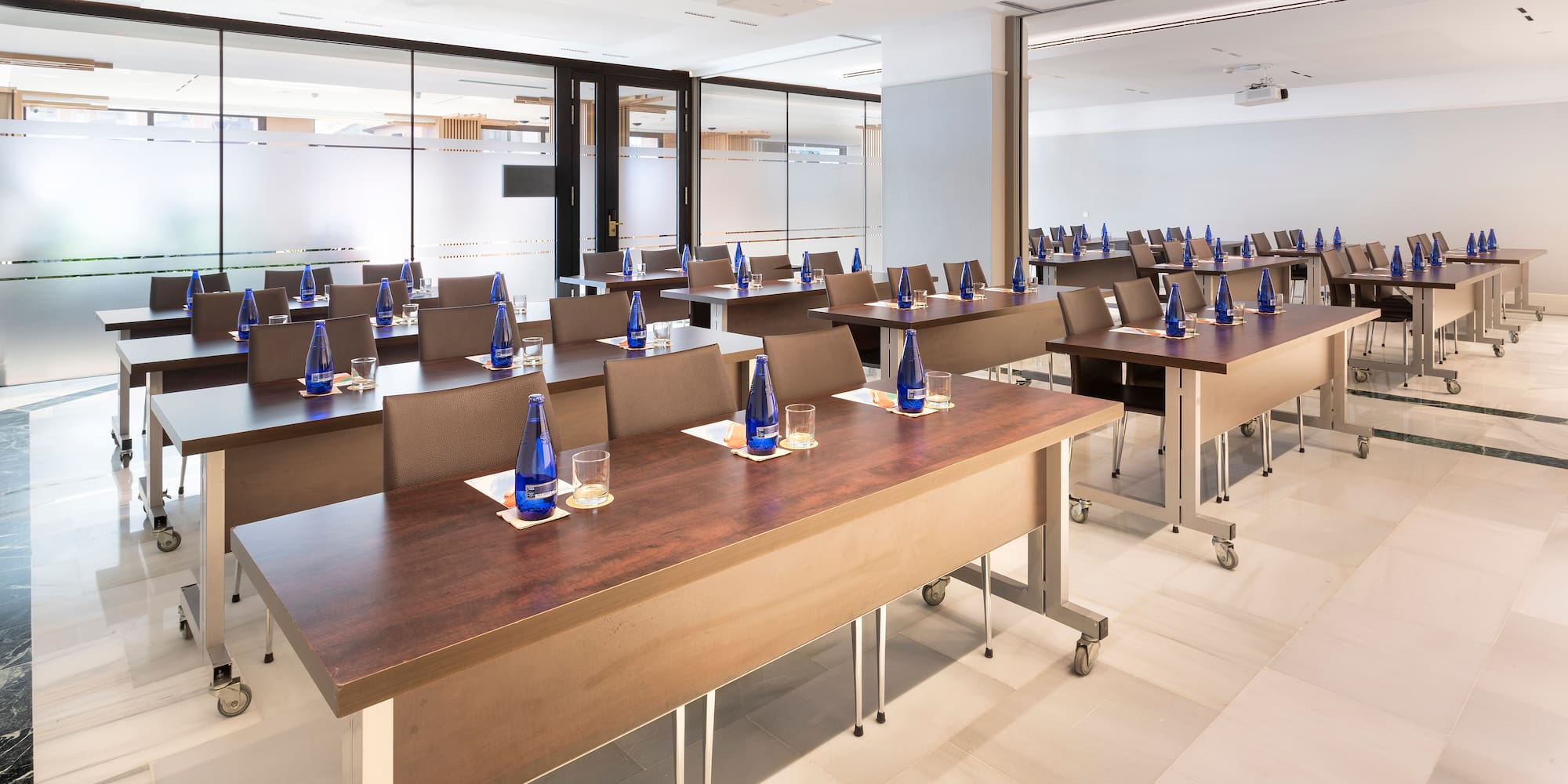 a room with tables and chairs