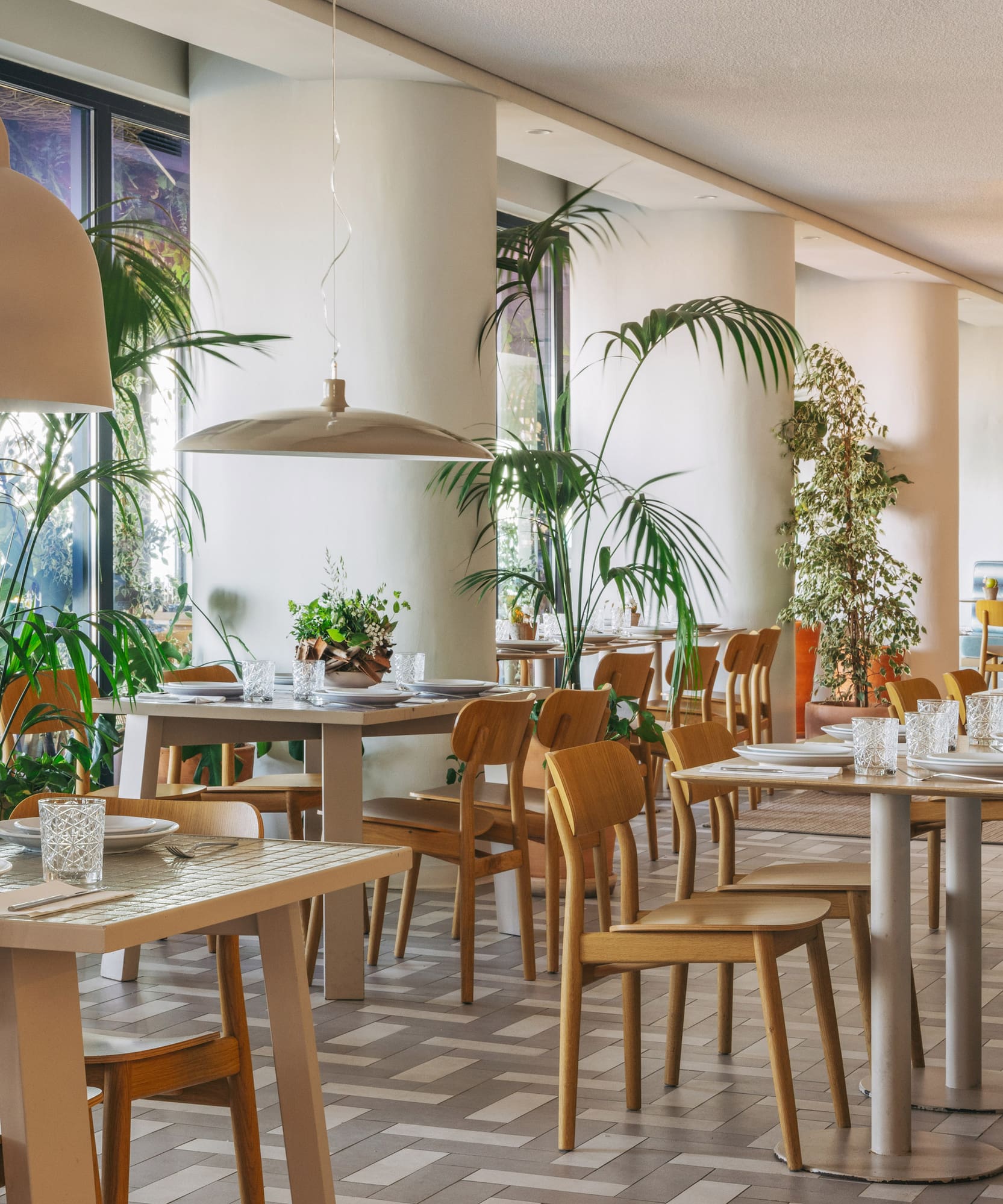 a room with tables and chairs