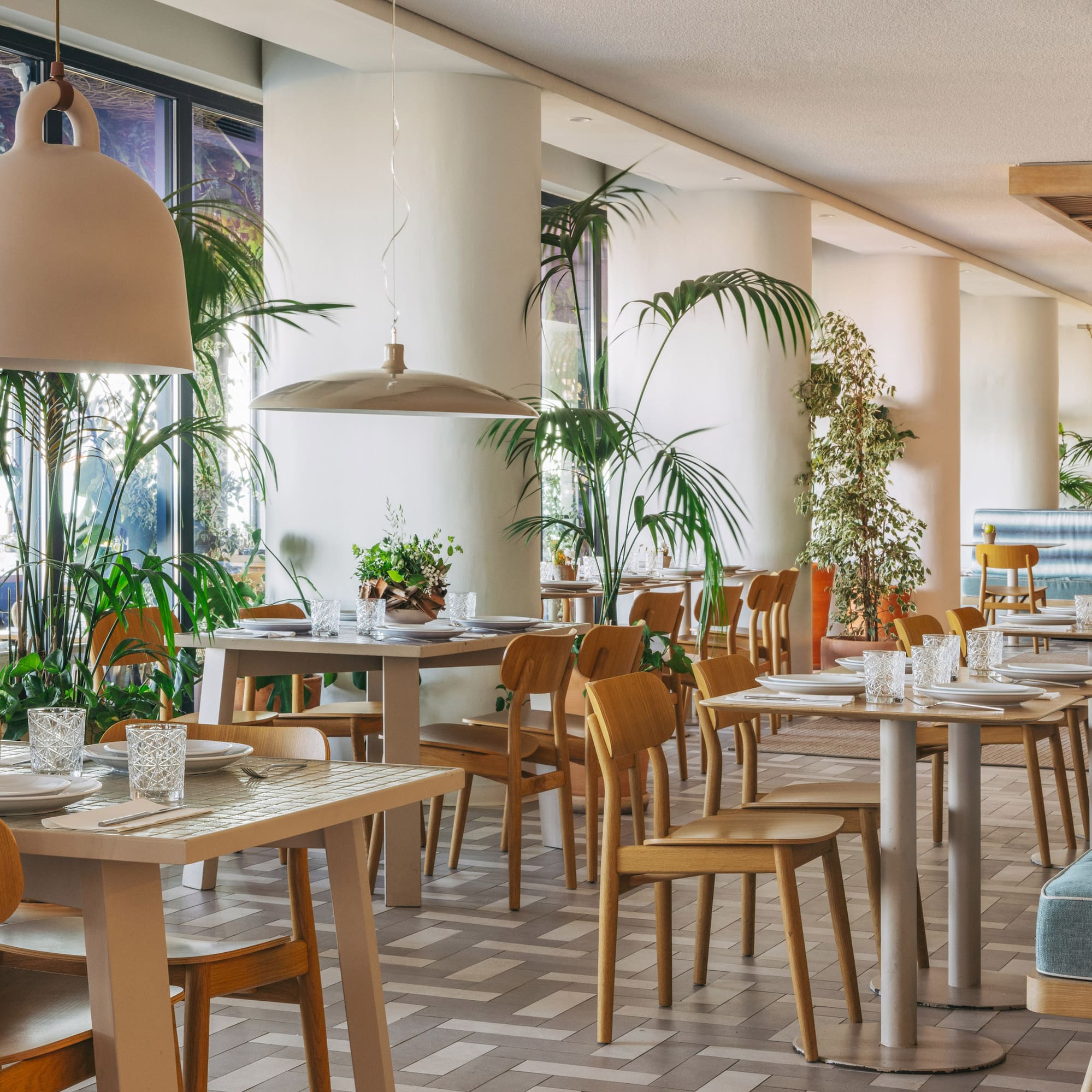 Modern restaurant interior with light wood tables, chairs, and lush tropical plants.
