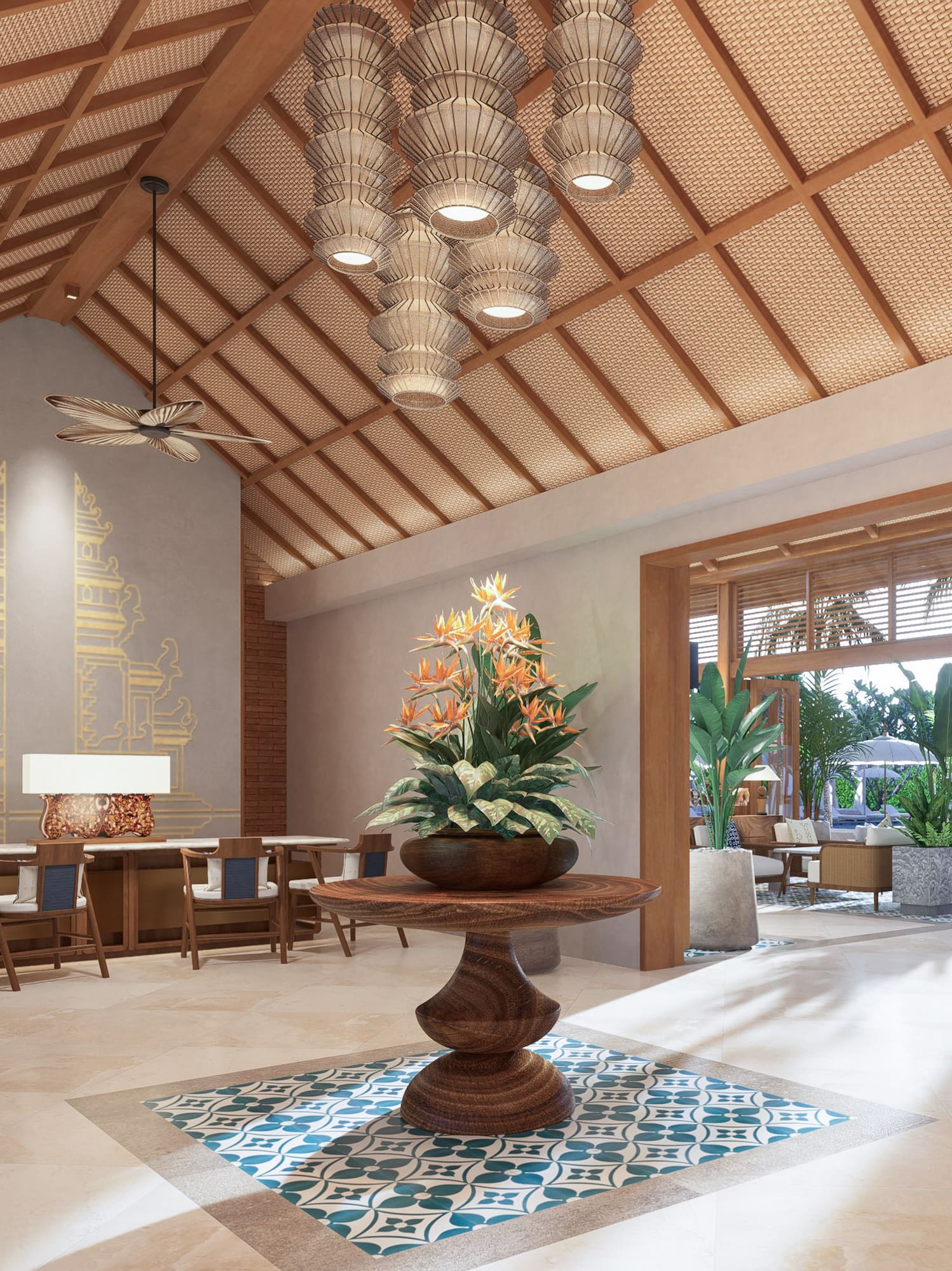 a room with a table and chairs and a ceiling fan