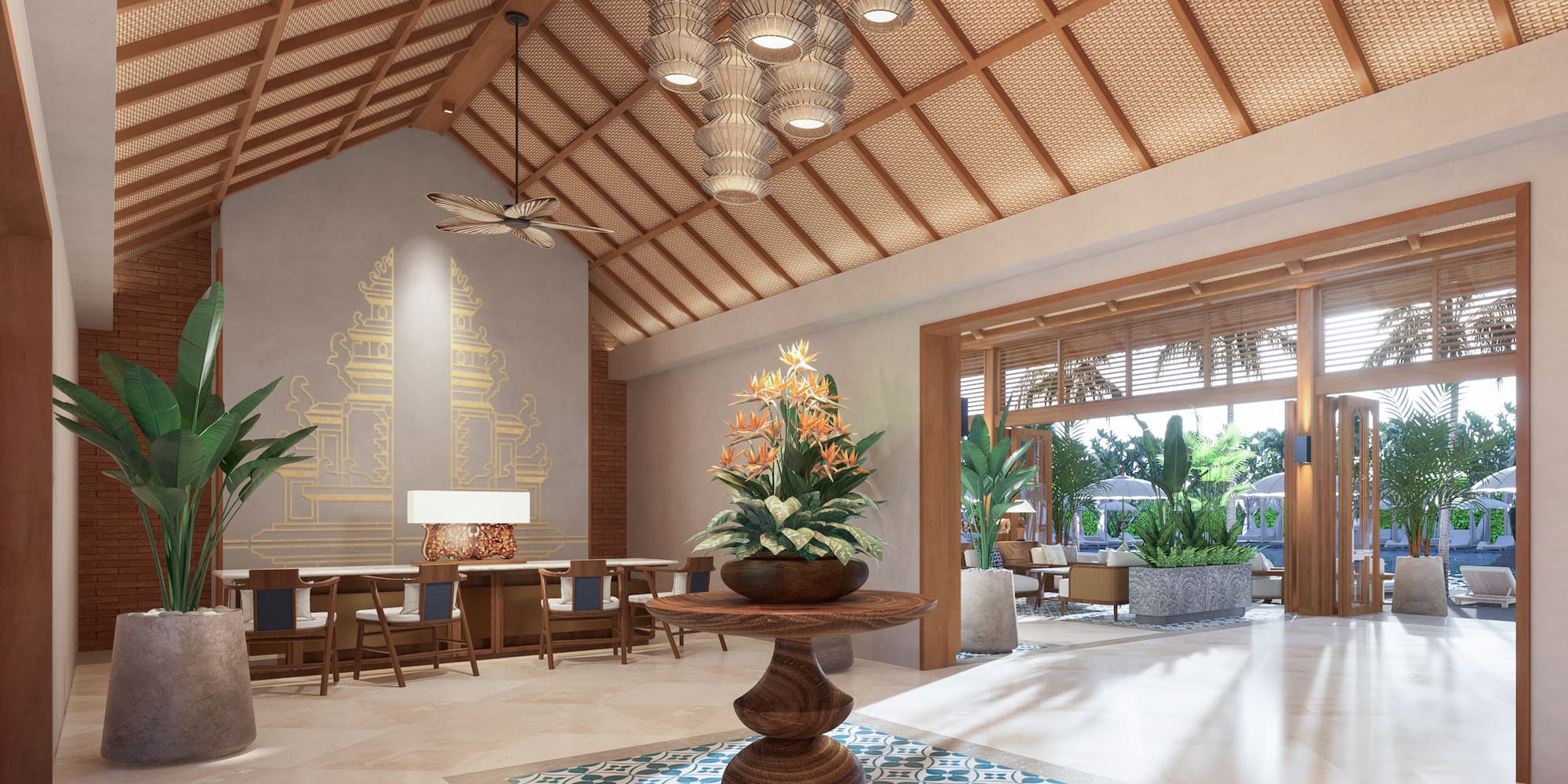 a room with a table and chairs and a ceiling fan