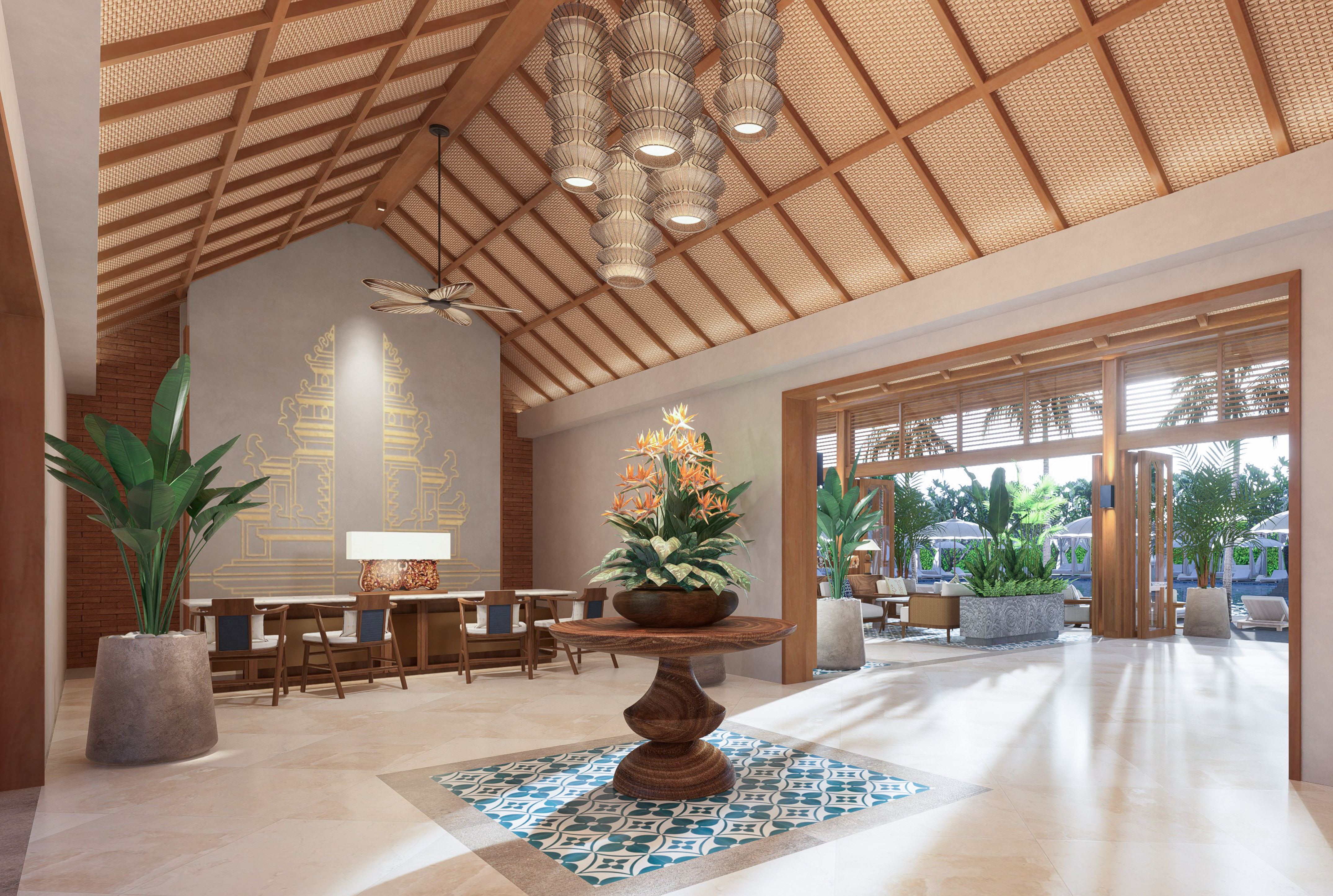 a room with a table and chairs and a ceiling fan