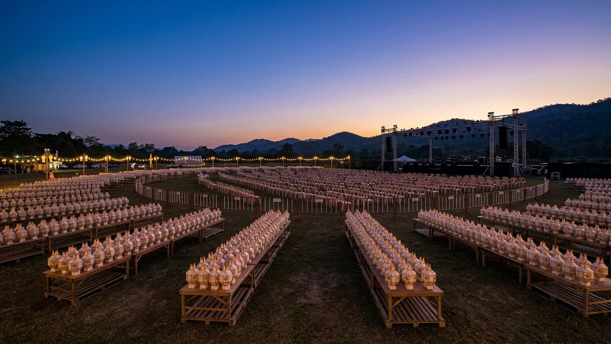 Outdoor lantern festival at twilight with white lanterns, stage, and mountains.