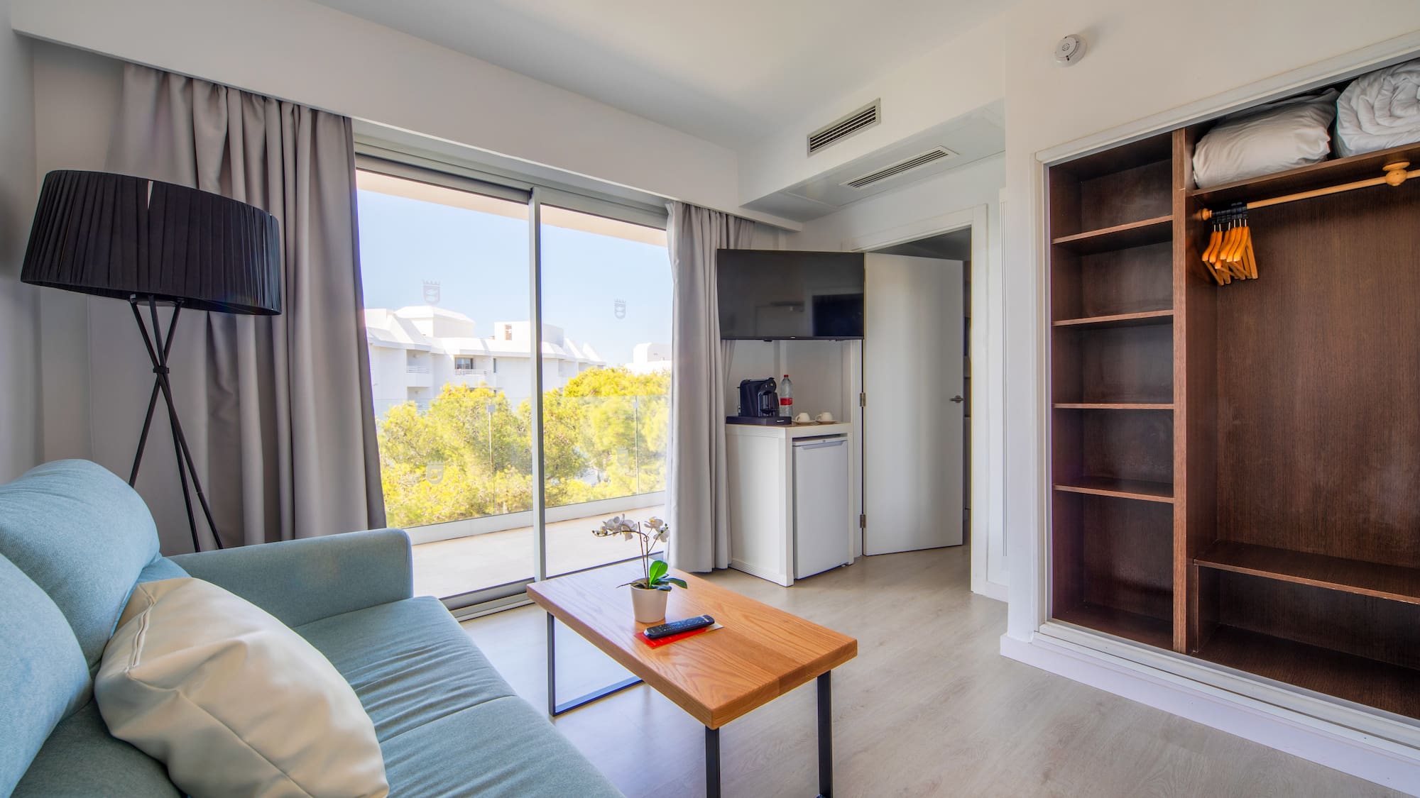 a room with a couch and a table