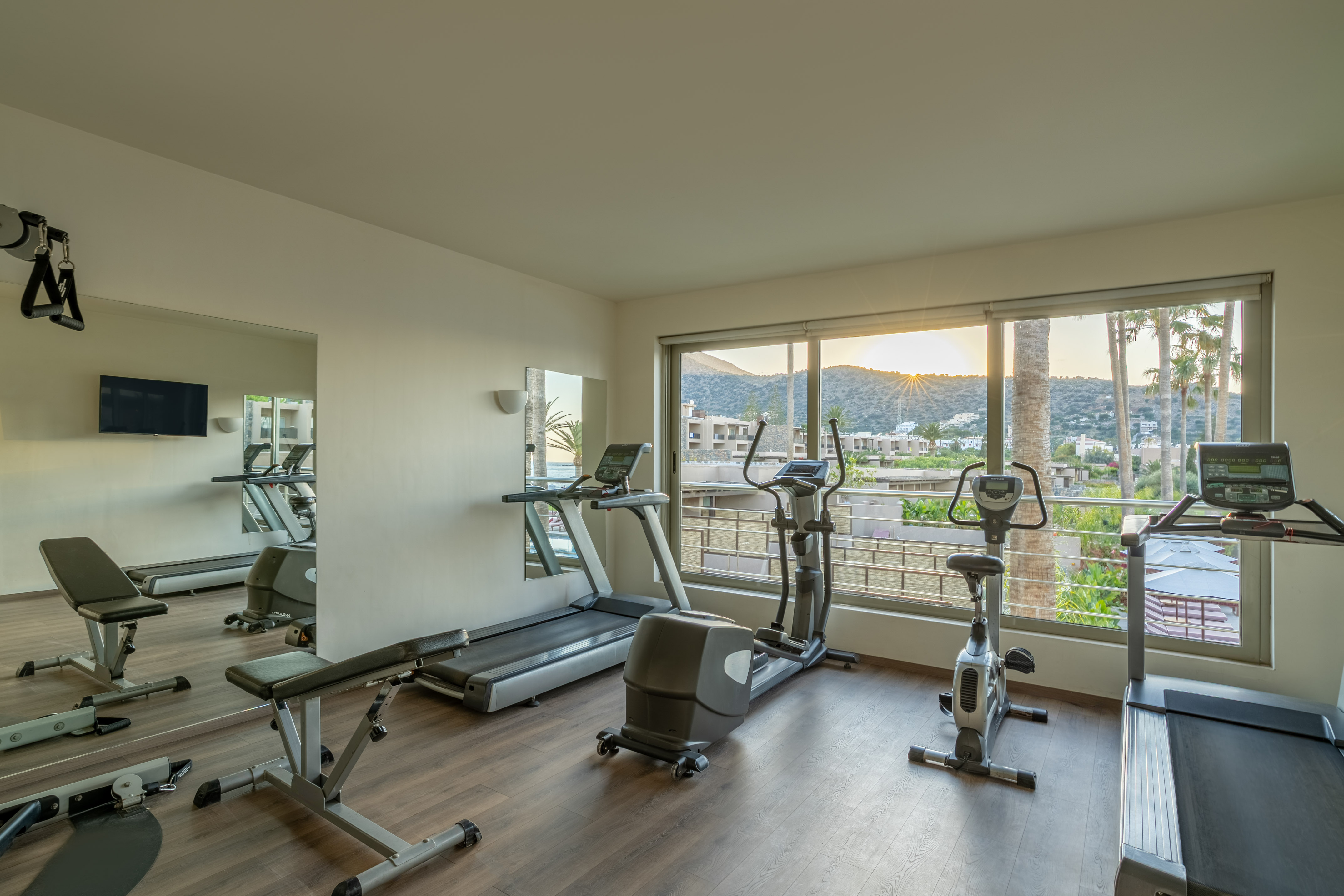 Modern fitness center with cardio equipment, weight bench, and sunset mountain view.