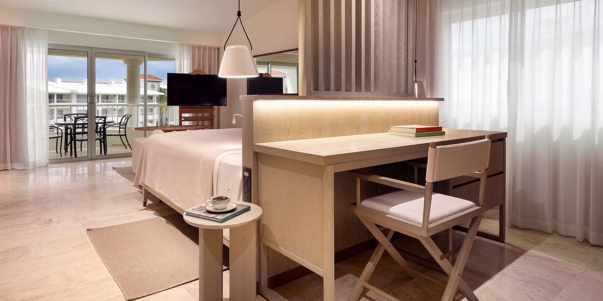 a room with a bed and a table