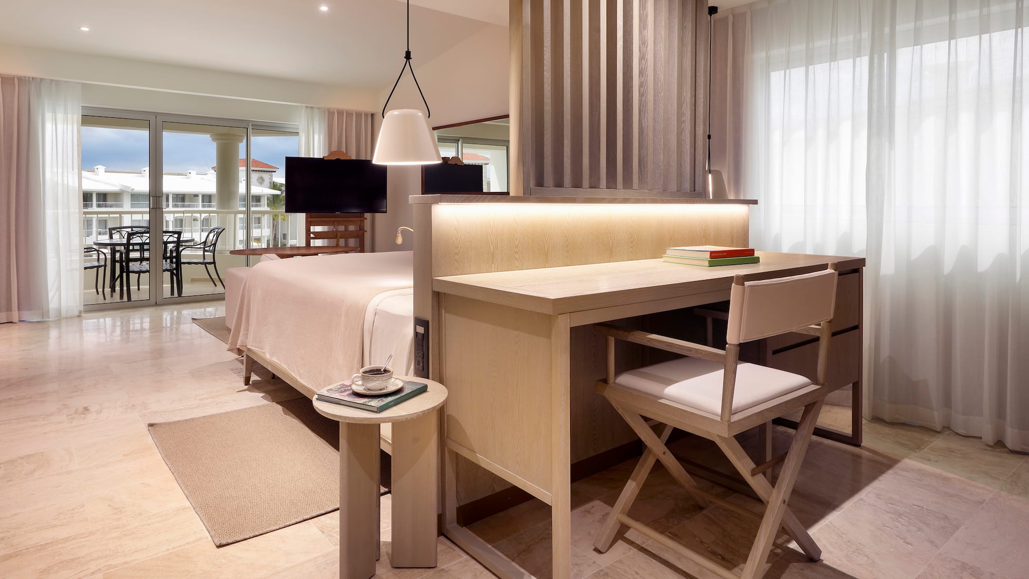 a room with a bed and a table