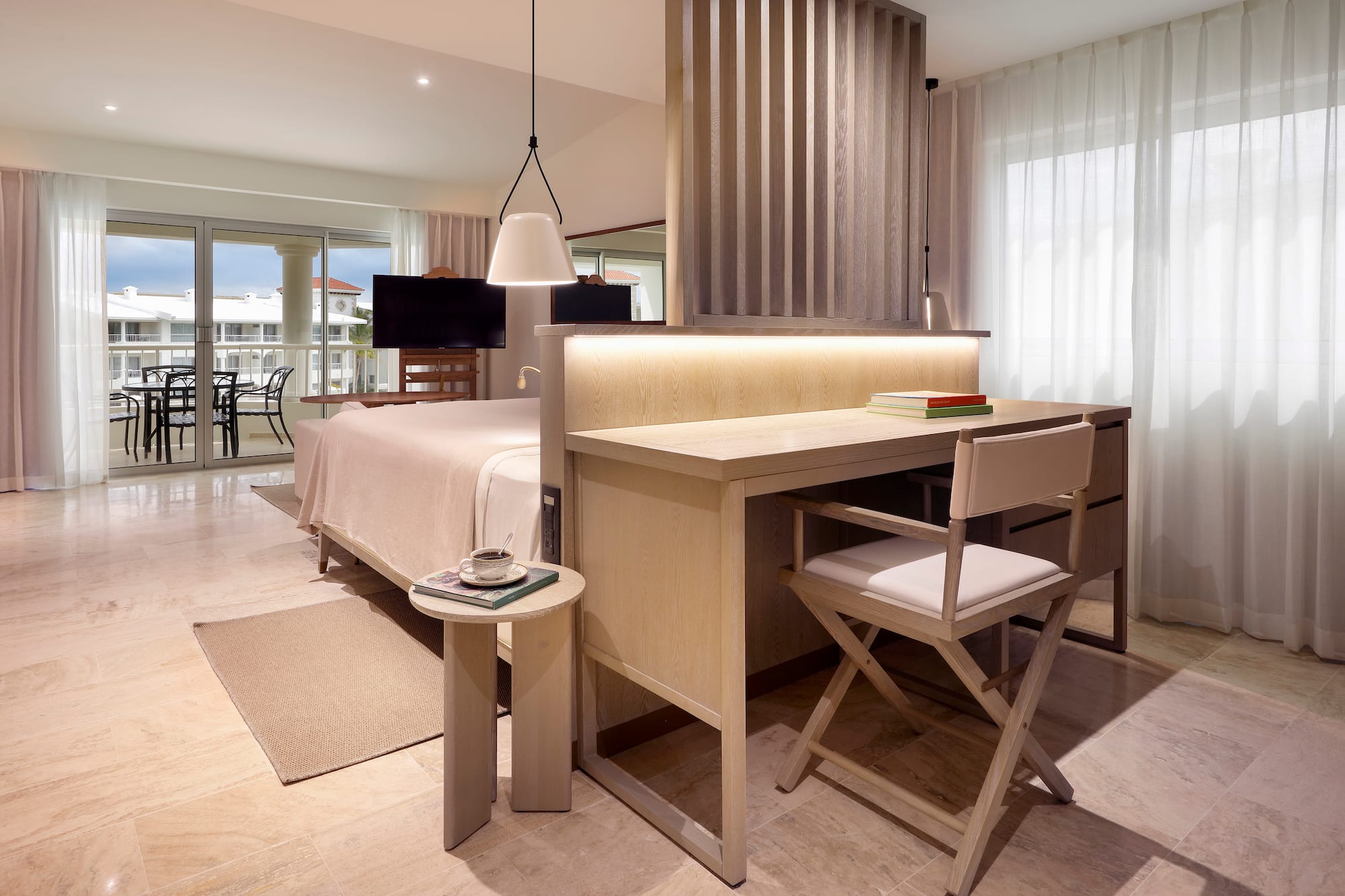 a room with a bed and a table