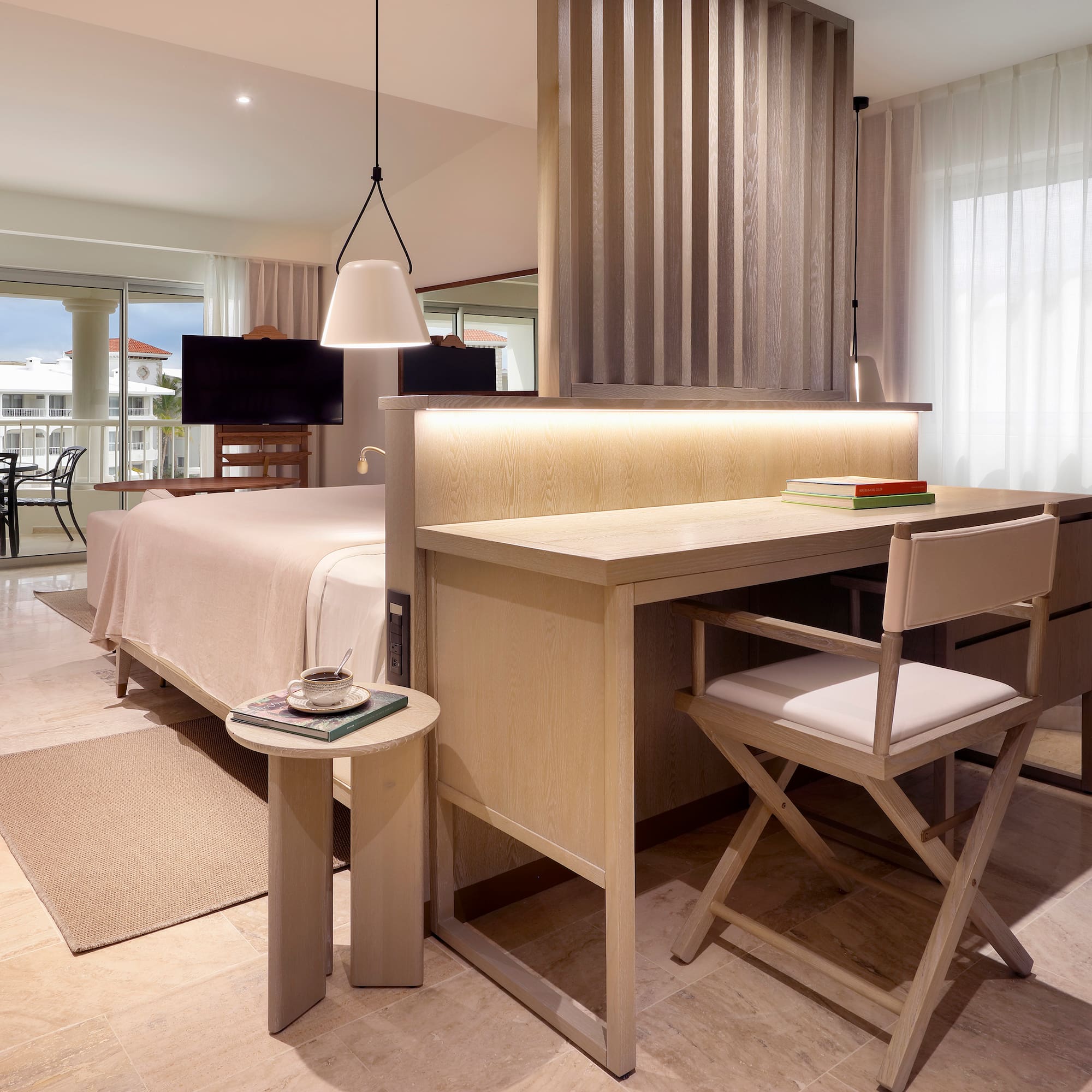 a room with a bed and a table