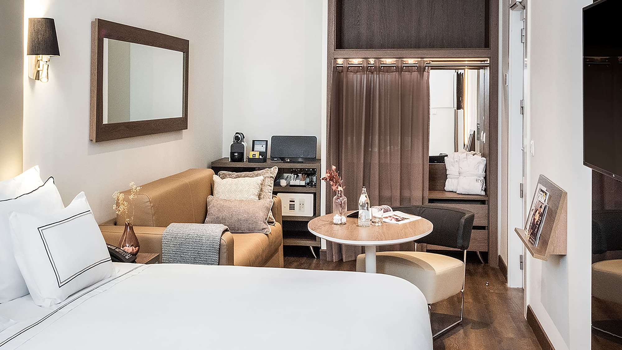 a room with a bed and a table