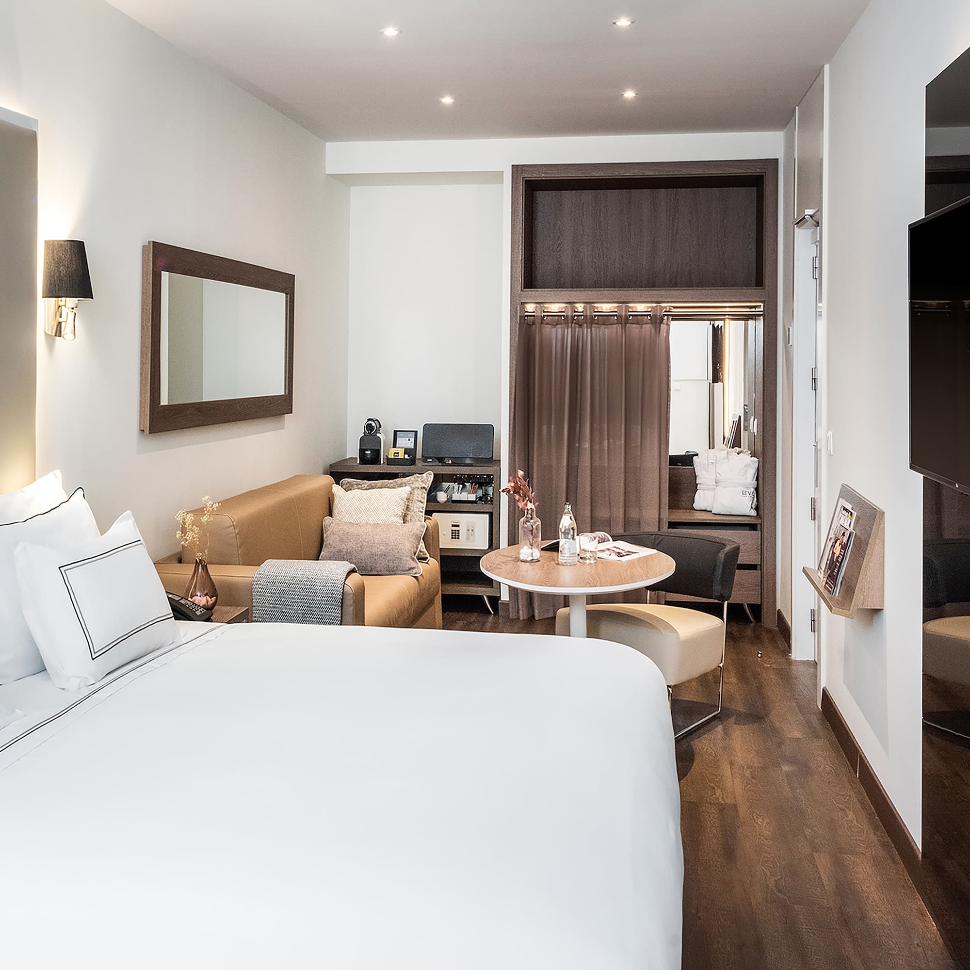 a room with a bed and a table