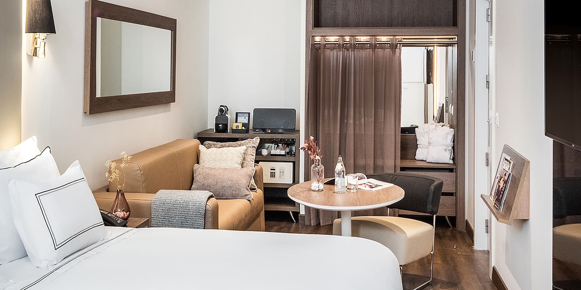 a room with a bed and a table