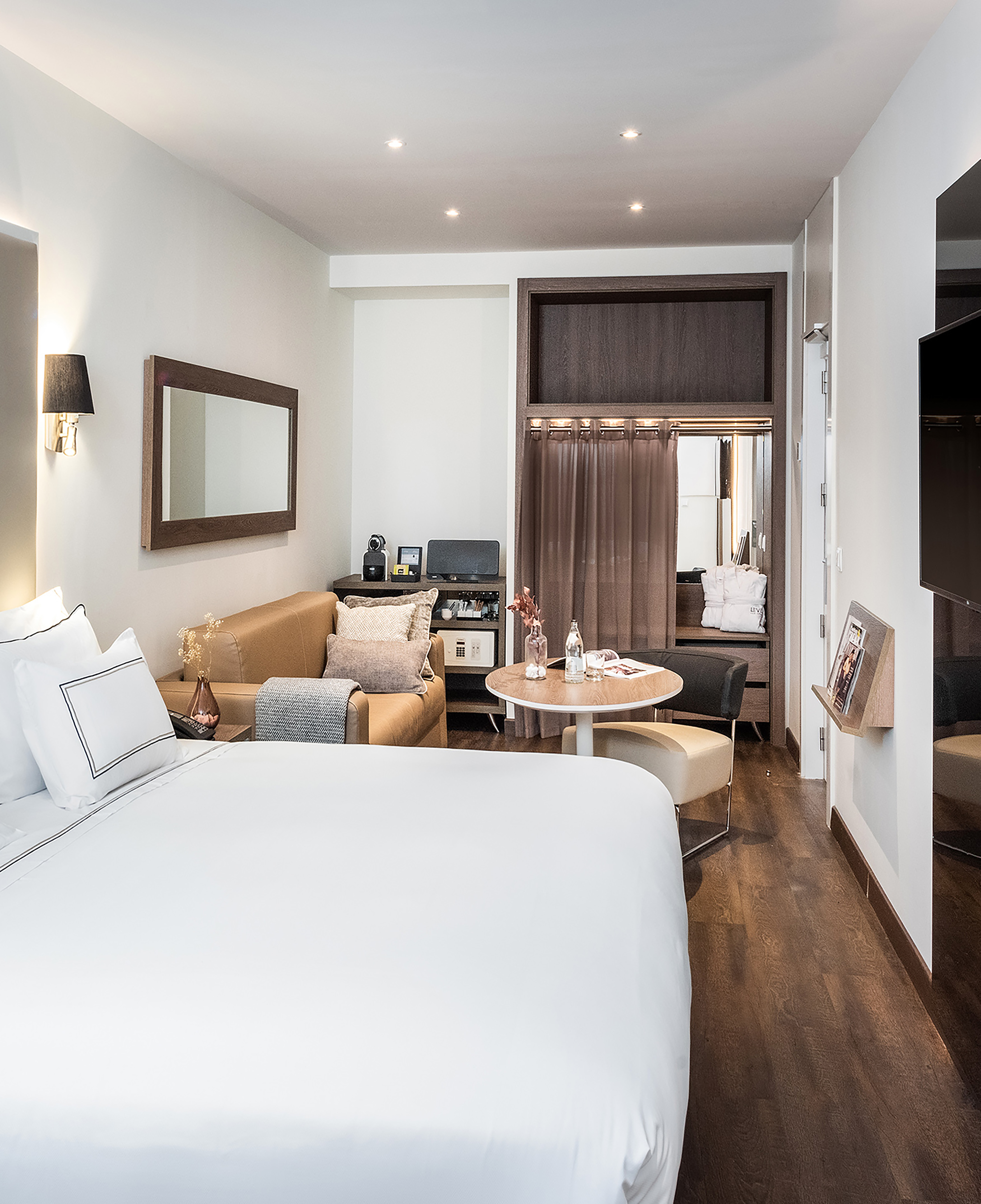 a room with a bed and a table