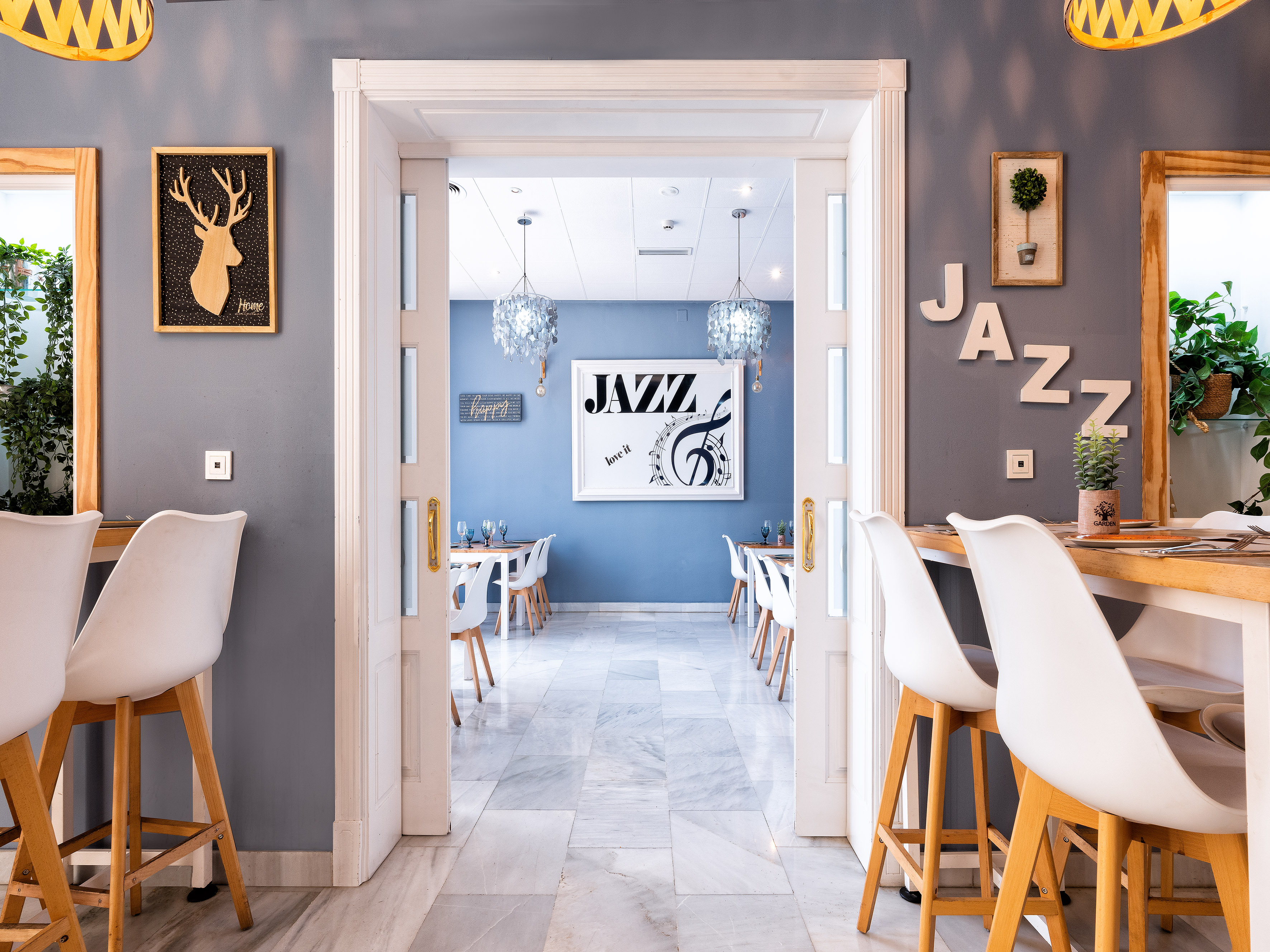 a room with tables and chairs