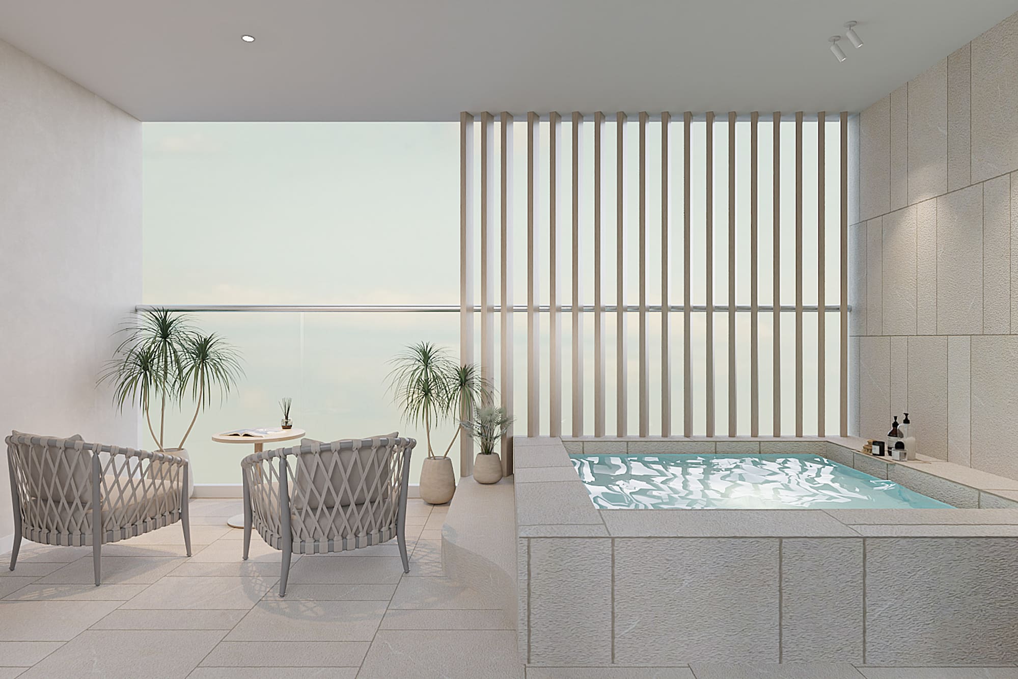 a room with a hot tub and chairs