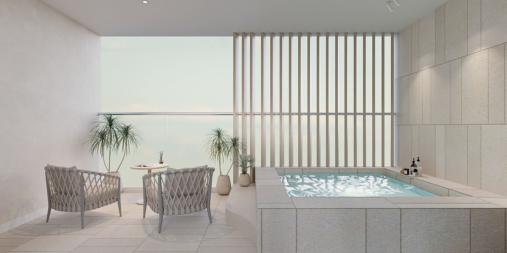 a room with a hot tub and chairs