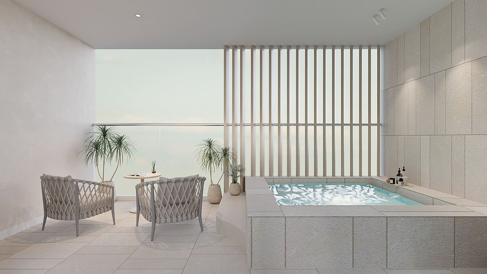 a room with a hot tub and chairs