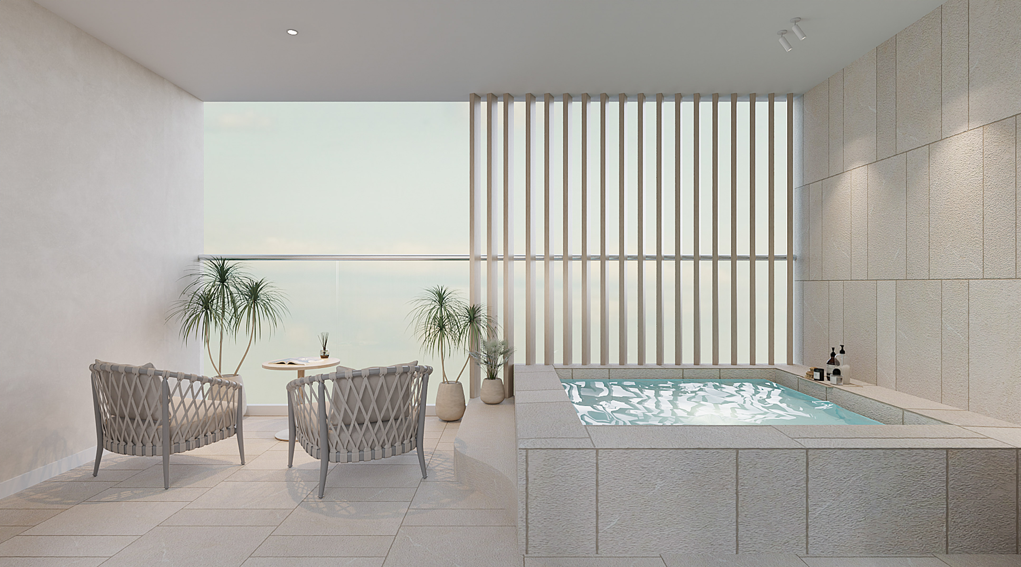 a room with a hot tub and chairs