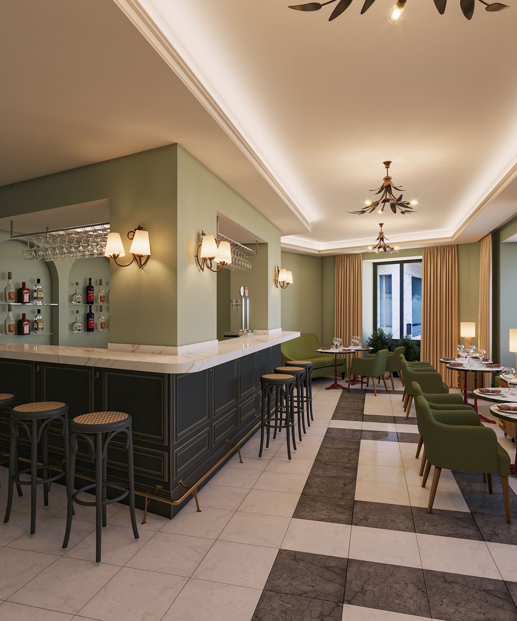 Elegant bar and dining area with green walls, black bar, and checkerboard floor.