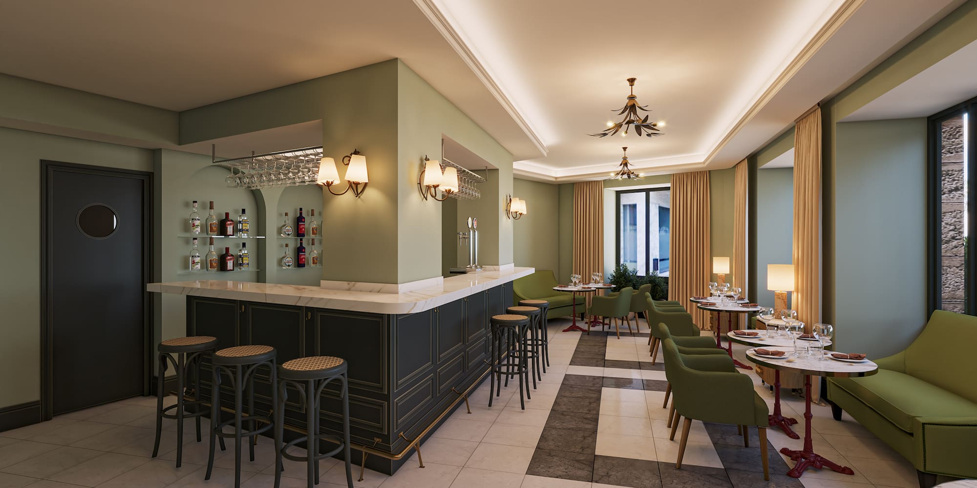 Elegant bar and restaurant interior with green walls and checkered floor.